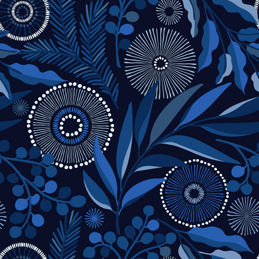 print n stuff talvi yo winter nights A custom-printed fabric featuring a unique hand-drawn pattern inspired by Finnish winter nights. The pattern showcases the beauty of frosted nature, dark blue skies, and the stillness of a winter night.