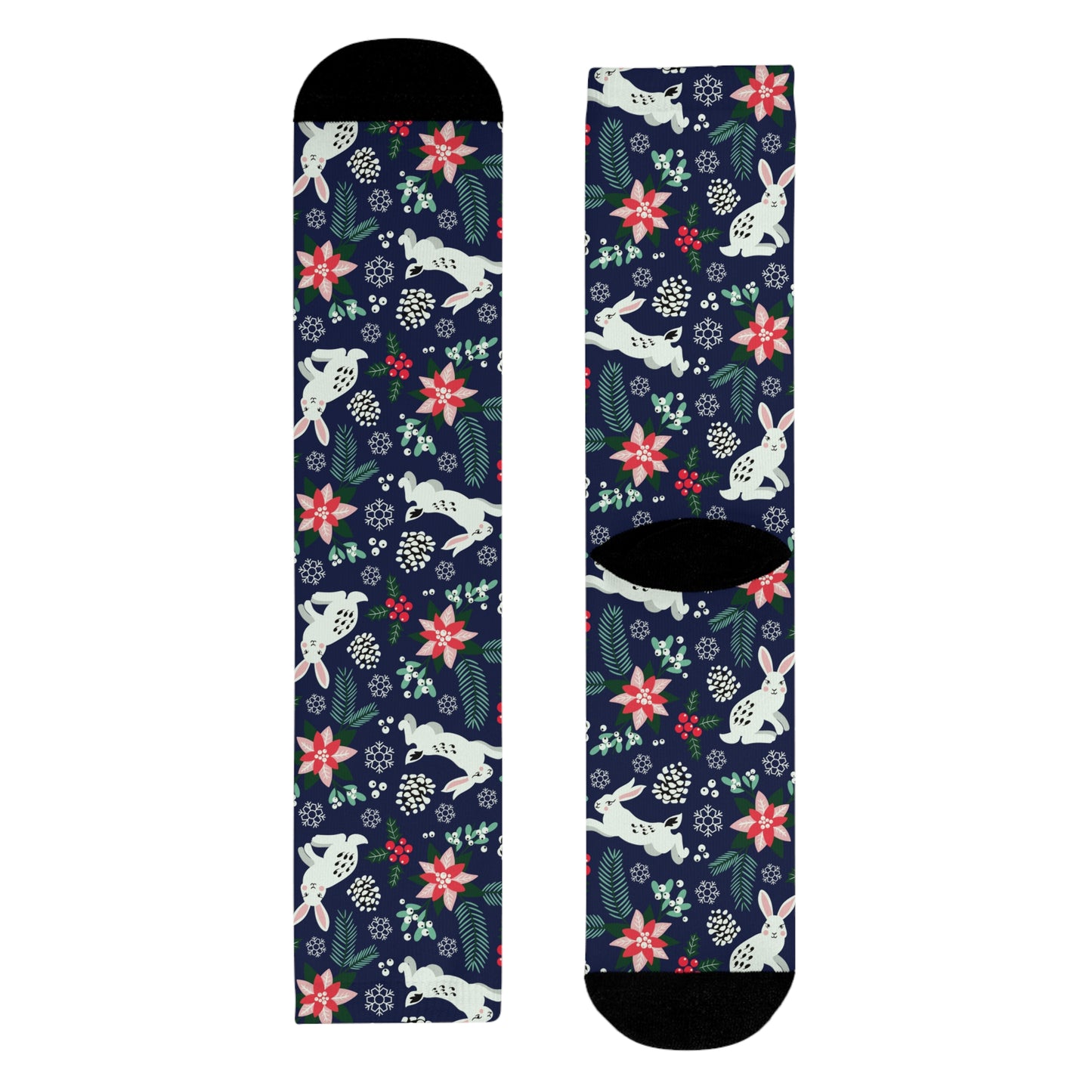 English Alt Text: "Metsäjanis - Polar Bunny Socks - Dance to the Rhythm of Winter - Designed in Turku, Finland by Print N Stuff." Finnish Alt Text: "Metsäjanis - Polar Bunny Sukat - Tanssi talven tahdissa - Suunniteltu Turussa, Suomessa Print N Stuffin toimesta."
