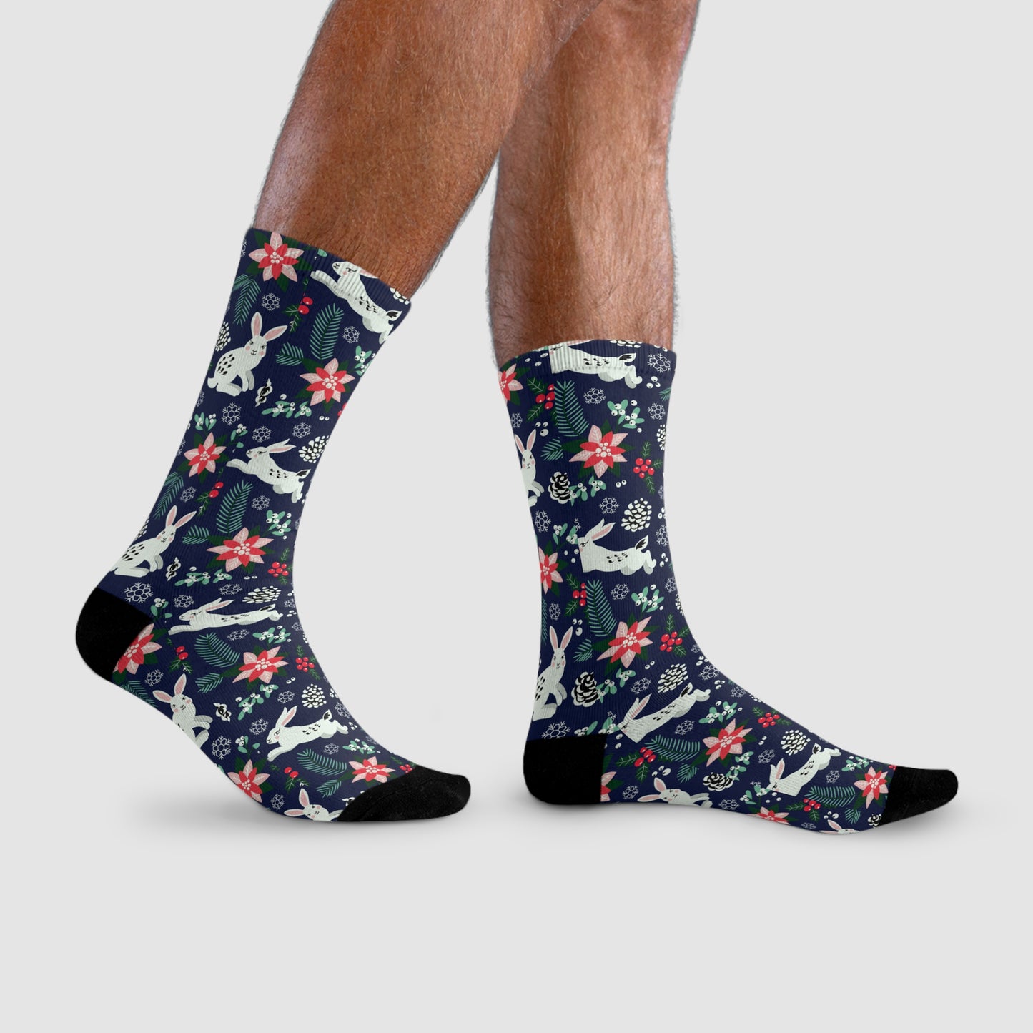 English Alt Text: "Metsäjanis - Polar Bunny Socks - Dance to the Rhythm of Winter - Designed in Turku, Finland by Print N Stuff." Finnish Alt Text: "Metsäjanis - Polar Bunny Sukat - Tanssi talven tahdissa - Suunniteltu Turussa, Suomessa Print N Stuffin toimesta."