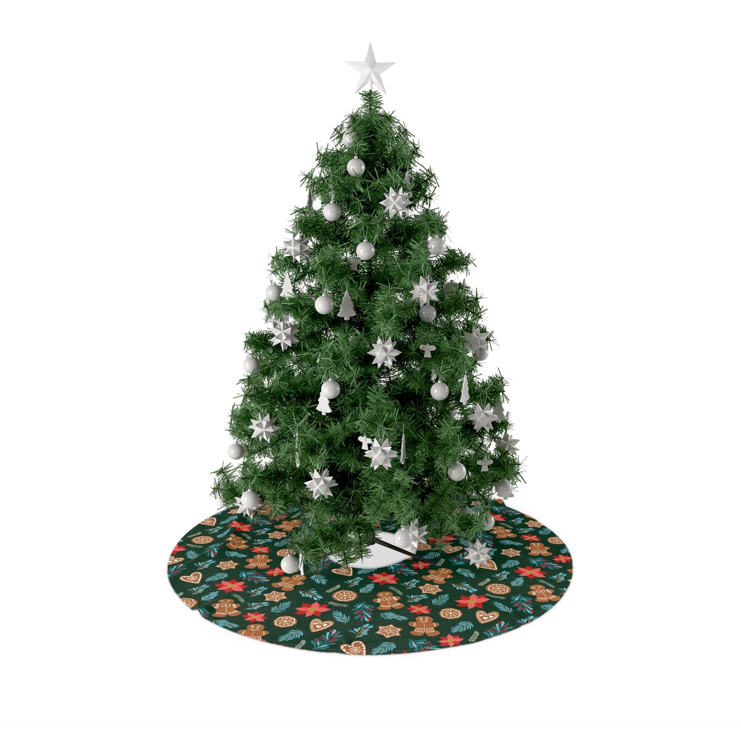 English Alt Text: "Fantasiapiparit / Gingerbread Fantasy Christmas Tree Skirt - Festive Tree Decor - Designed in Turku, Finland by Print N Stuff." Finnish Alt Text: "Fantasiapiparit / Gingerbread Fantasy Joulukuusen Alusta - Joulukuusen juhlaa - Suunniteltu Turussa, Suomessa Print N Stuffin toimesta.