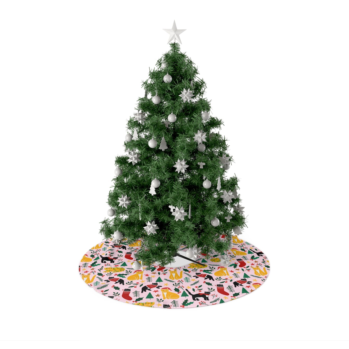 English Alt Text: "Joulukissat Christmas Tree Skirt - Finnish Cat Pattern - Designed in Turku, Finland by Print N Stuff." Finnish Alt Text: "Joulukissat Joulukuusen Alusta - Suomalainen kissakuosi - Suunniteltu Turussa, Suomessa Print N Stuffin toimesta."