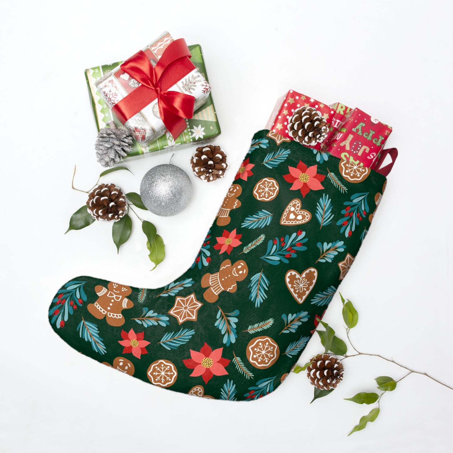 English Alt Text: "Fantasiapiparit / Gingerbread Fantasy Christmas Stocking - Fill with Gifts - Designed in Turku, Finland by Print N Stuff." Finnish Alt Text: "Fantasiapiparit / Gingerbread Fantasy Joulusukka - Täytä lahjoilla - Suunniteltu Turussa, Suomessa Print N Stuffin toimesta.