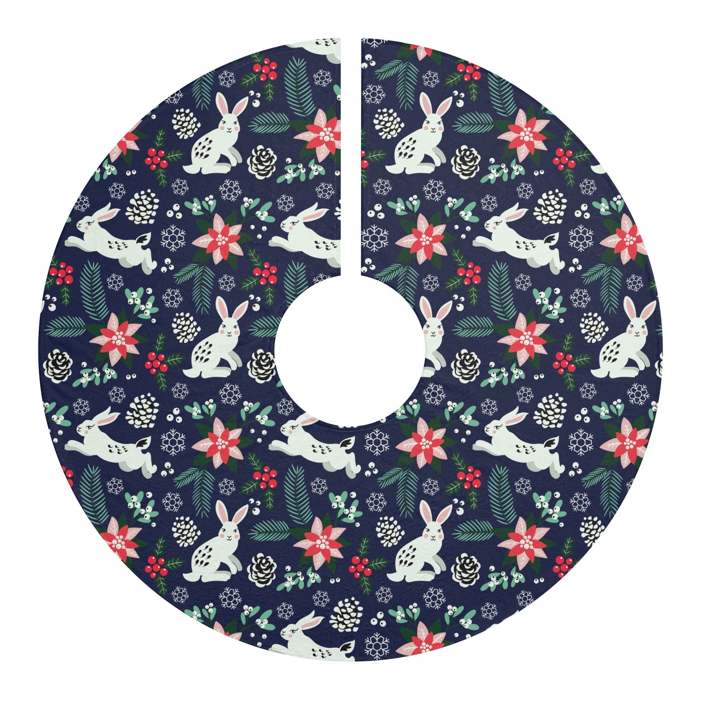 English Alt Text: "Metsäjanis - Polar Bunny Christmas Tree Skirt - Magical Centerpiece - Designed in Turku, Finland by Print N Stuff." Finnish Alt Text: "Metsäjanis - Polar Bunny Joulukuusen Alusta - Taianomainen keskipiste - Suunniteltu Turussa, Suomessa Print N Stuffin toimesta