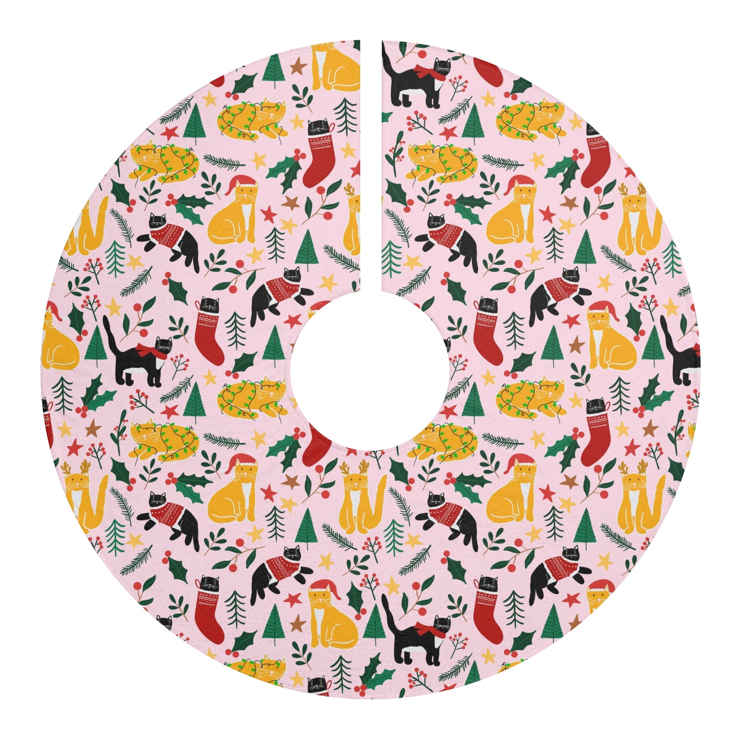 English Alt Text: "Joulukissat Christmas Tree Skirt - Finnish Cat Pattern - Designed in Turku, Finland by Print N Stuff." Finnish Alt Text: "Joulukissat Joulukuusen Alusta - Suomalainen kissakuosi - Suunniteltu Turussa, Suomessa Print N Stuffin toimesta."