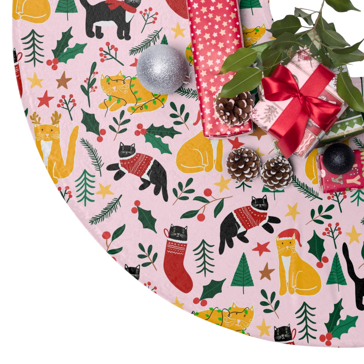 English Alt Text: "Joulukissat Christmas Tree Skirt - Finnish Cat Pattern - Designed in Turku, Finland by Print N Stuff." Finnish Alt Text: "Joulukissat Joulukuusen Alusta - Suomalainen kissakuosi - Suunniteltu Turussa, Suomessa Print N Stuffin toimesta."