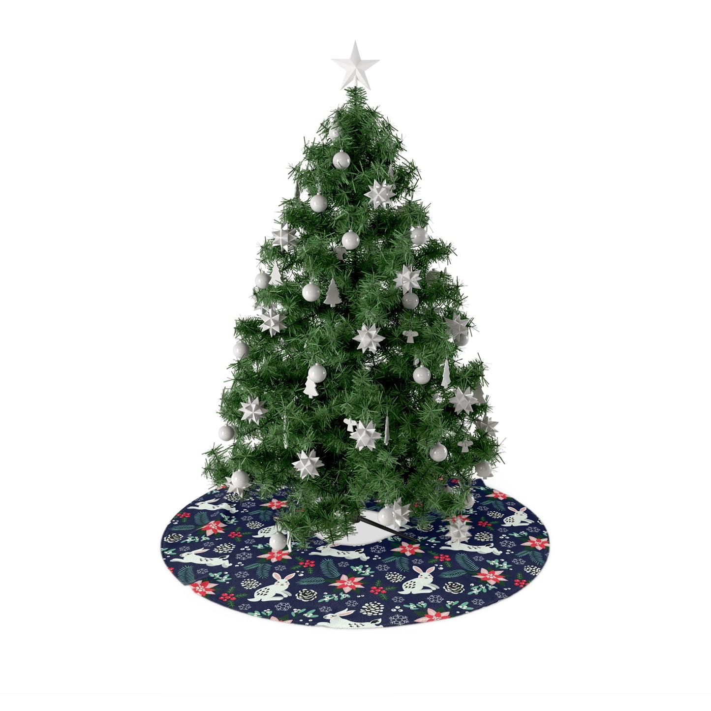 English Alt Text: "Metsäjanis - Polar Bunny Christmas Tree Skirt - Magical Centerpiece - Designed in Turku, Finland by Print N Stuff." Finnish Alt Text: "Metsäjanis - Polar Bunny Joulukuusen Alusta - Taianomainen keskipiste - Suunniteltu Turussa, Suomessa Print N Stuffin toimesta