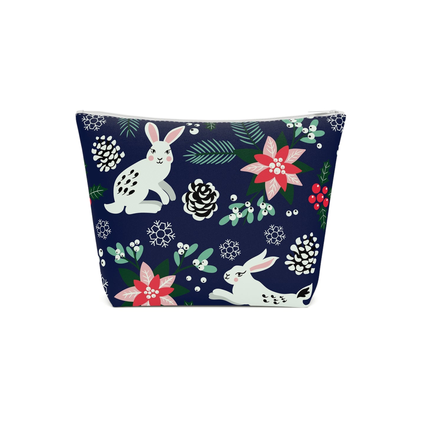 English Alt Text: "Metsäjanis - Polar Bunny Cosmetic Bag - Beauty Organized - Designed in Turku, Finland by Print N Stuff." Finnish Alt Text: "Metsäjanis - Polar Bunny Kosmetiikkalaukku - Kauneus järjestyksessä - Suunniteltu Turussa, Suomessa Print N Stuffin toimesta
