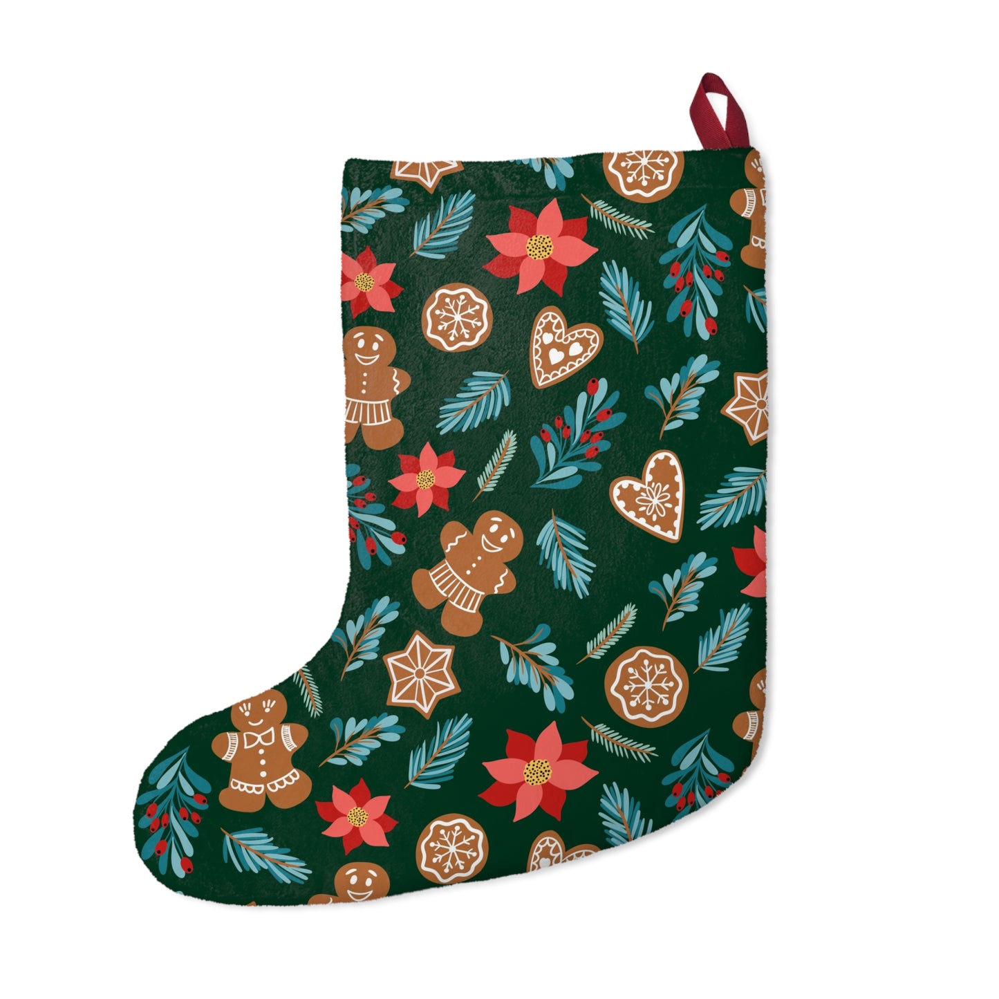 English Alt Text: "Fantasiapiparit / Gingerbread Fantasy Christmas Stocking - Fill with Gifts - Designed in Turku, Finland by Print N Stuff." Finnish Alt Text: "Fantasiapiparit / Gingerbread Fantasy Joulusukka - Täytä lahjoilla - Suunniteltu Turussa, Suomessa Print N Stuffin toimesta.