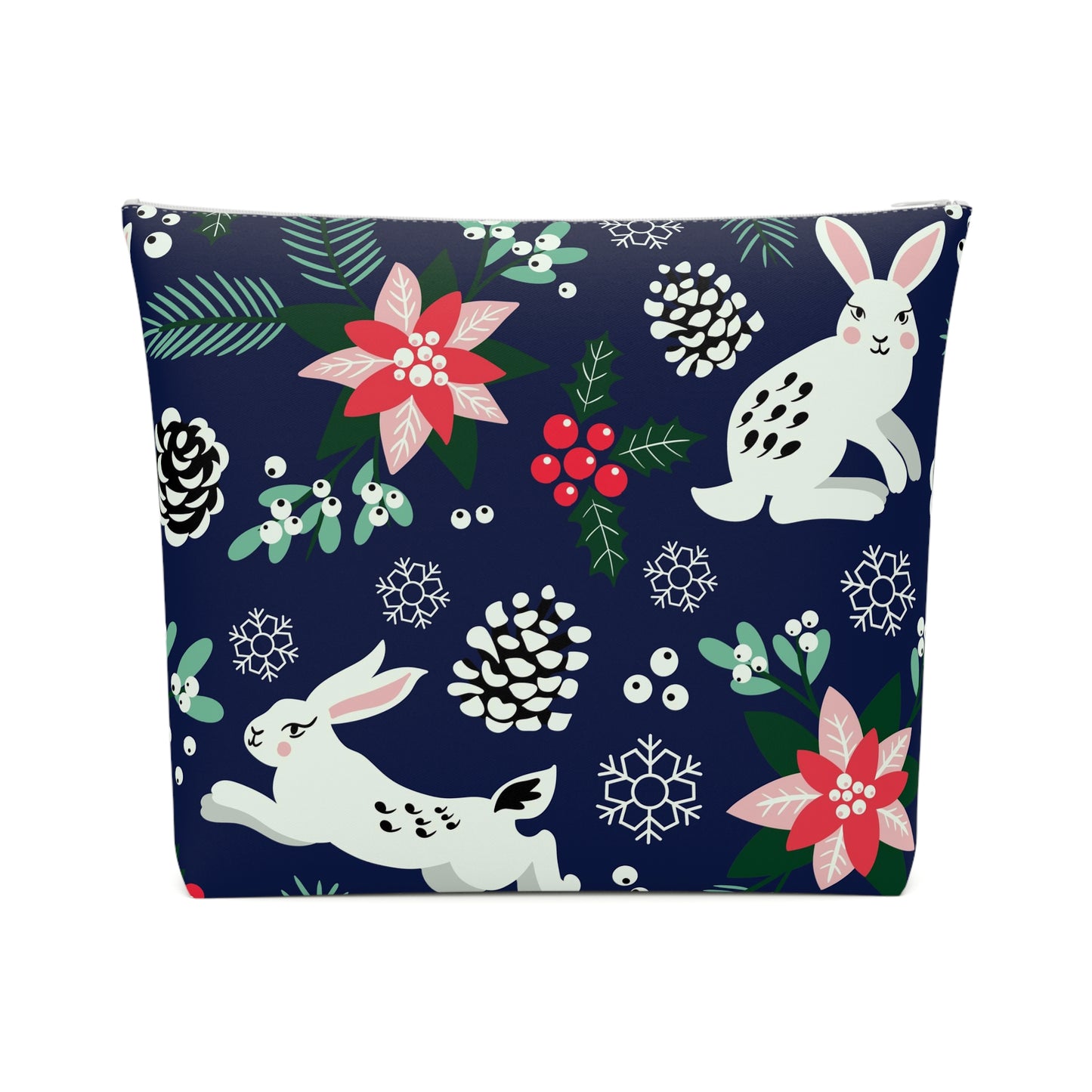 English Alt Text: "Metsäjanis - Polar Bunny Cosmetic Bag - Beauty Organized - Designed in Turku, Finland by Print N Stuff." Finnish Alt Text: "Metsäjanis - Polar Bunny Kosmetiikkalaukku - Kauneus järjestyksessä - Suunniteltu Turussa, Suomessa Print N Stuffin toimesta