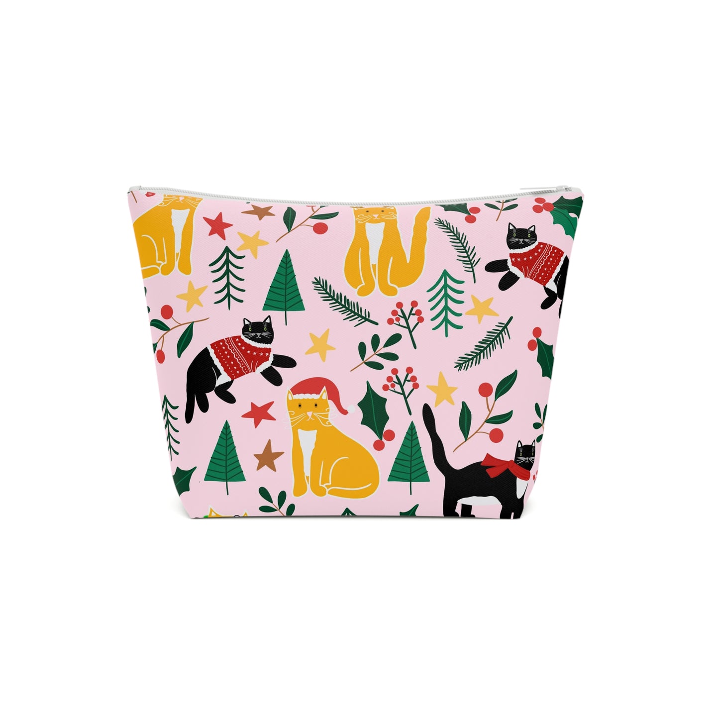 English Alt Text: "Joulukissat Cosmetic Bag - Finnish Cat Pattern - Designed in Turku, Finland by Print N Stuff." Finnish Alt Text: "Joulukissat Kosmetiikkalaukku - Suomalainen kissakuosi - Suunniteltu Turussa, Suomessa Print N Stuffin toimesta."