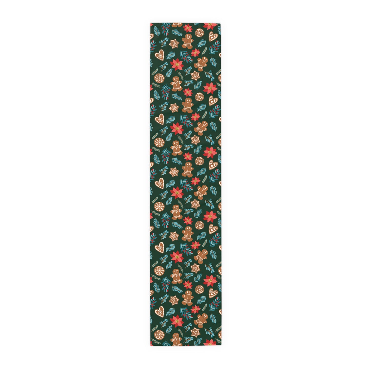 English Alt Text: "Fantasiapiparit / Gingerbread Fantasy Table Runner - Charming Table Decor - Designed in Turku, Finland by Print N Stuff." Finnish Alt Text: "Fantasiapiparit / Gingerbread Fantasy Pöytäliina - Viehättävä pöytäkoriste - Suunniteltu Turussa, Suomessa Print N Stuffin toimesta.