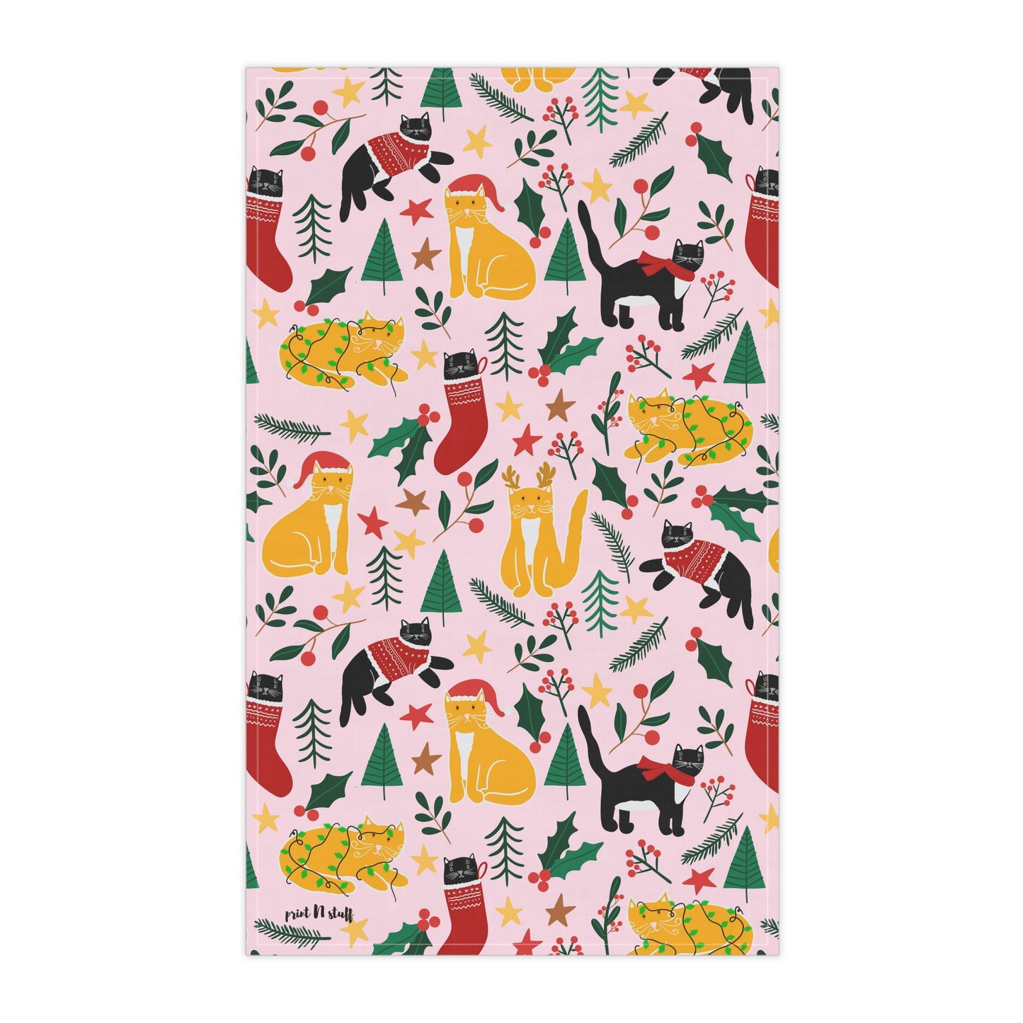 English Alt Text: "Joulukissat Kitchen Towel - Finnish Cat Pattern - Designed in Turku, Finland by Print N Stuff." Finnish Alt Text: "Joulukissat Keittiöpyyhe - Suomalainen kissakuosi - Suunniteltu Turussa, Suomessa Print N Stuffin toimesta."