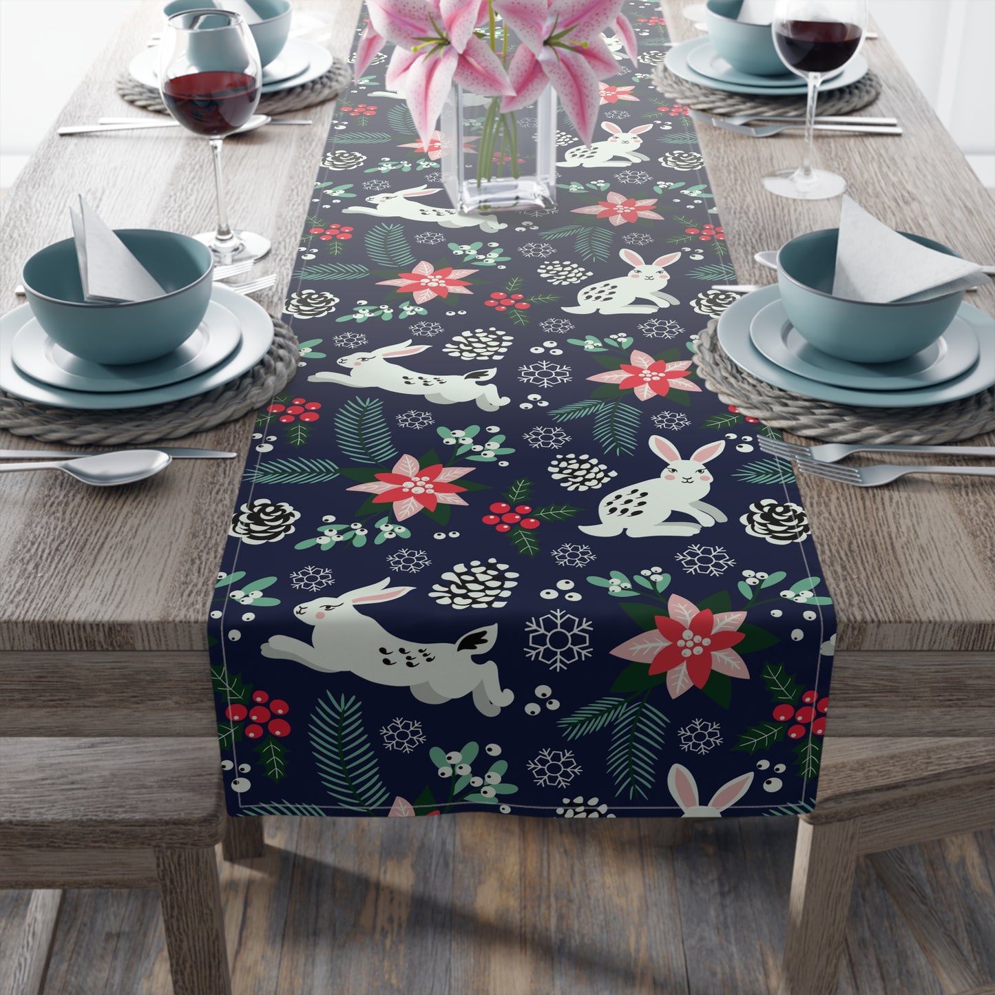 English Alt Text: "Metsäjanis - Polar Bunny Table Runner - Enchanting Dining - Designed in Turku, Finland by Print N Stuff." Finnish Alt Text: "Metsäjanis - Polar Bunny Pöytäliina - Lumoava ruokailu - Suunniteltu Turussa, Suomessa Print N Stuffin toimesta.