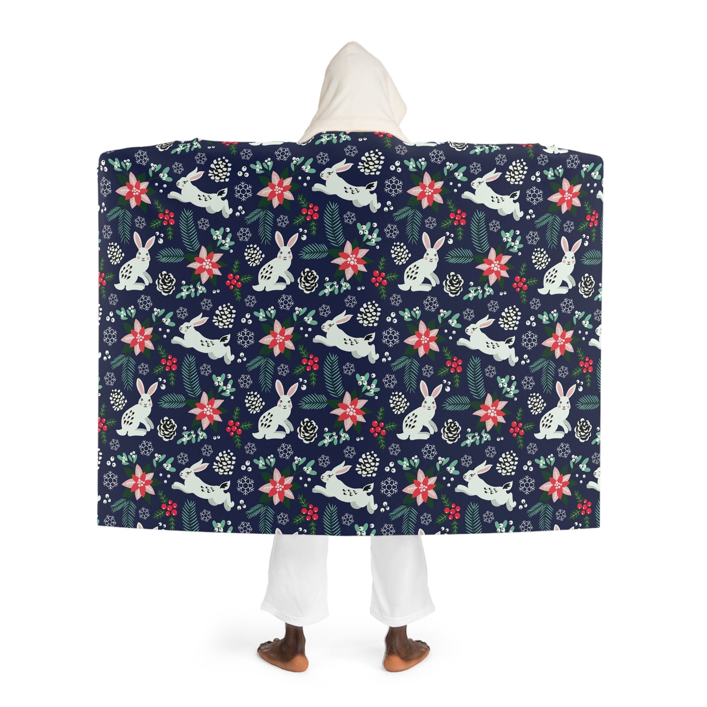 English Alt Text: "Metsäjanis - Polar Bunny Sherpa Super Soft Hooded Blanket - Cozy Warmth - Designed in Turku, Finland by Print N Stuff." Finnish Alt Text: "Metsäjanis - Polar Bunny Sherpa-supertuutuinen Hupullinen Torkkupeitto - Kodikasta lämpöä - Suunniteltu Turussa, Suomessa Print N Stuffin toimesta
