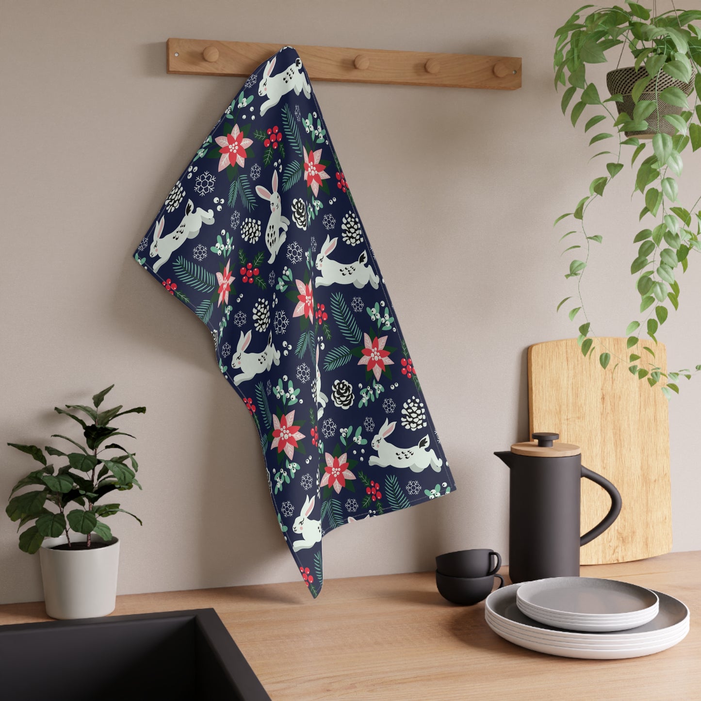 English Alt Text: "Metsäjanis - Polar Bunny Kitchen Towel - Tidy and Stylish Kitchen - Designed in Turku, Finland by Print N Stuff." Finnish Alt Text: "Metsäjanis - Polar Bunny Keittiöpyyhe - Siisti ja tyylikäs keittiö - Suunniteltu Turussa, Suomessa Print N Stuffin toimesta."