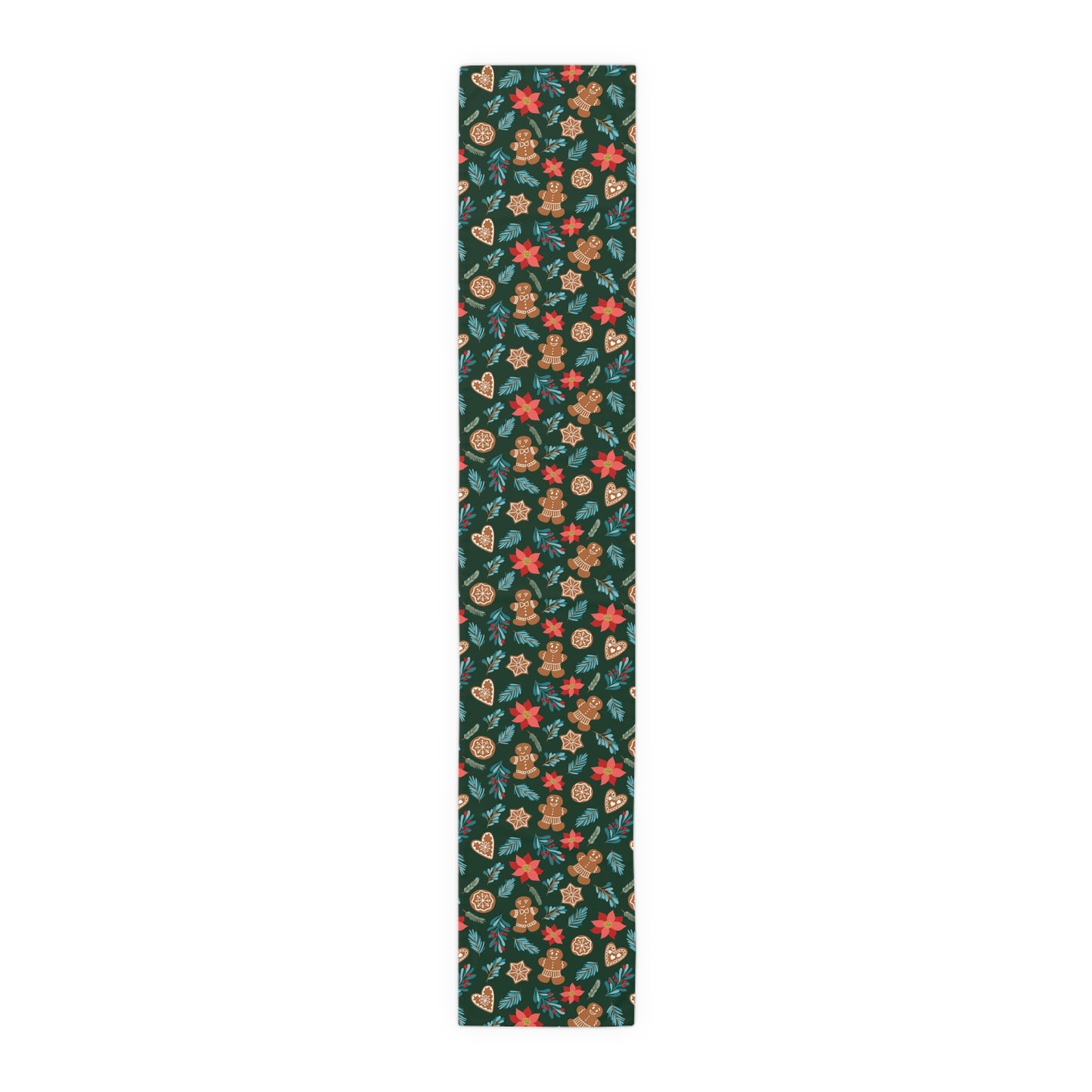 English Alt Text: "Fantasiapiparit / Gingerbread Fantasy Table Runner - Charming Table Decor - Designed in Turku, Finland by Print N Stuff." Finnish Alt Text: "Fantasiapiparit / Gingerbread Fantasy Pöytäliina - Viehättävä pöytäkoriste - Suunniteltu Turussa, Suomessa Print N Stuffin toimesta.