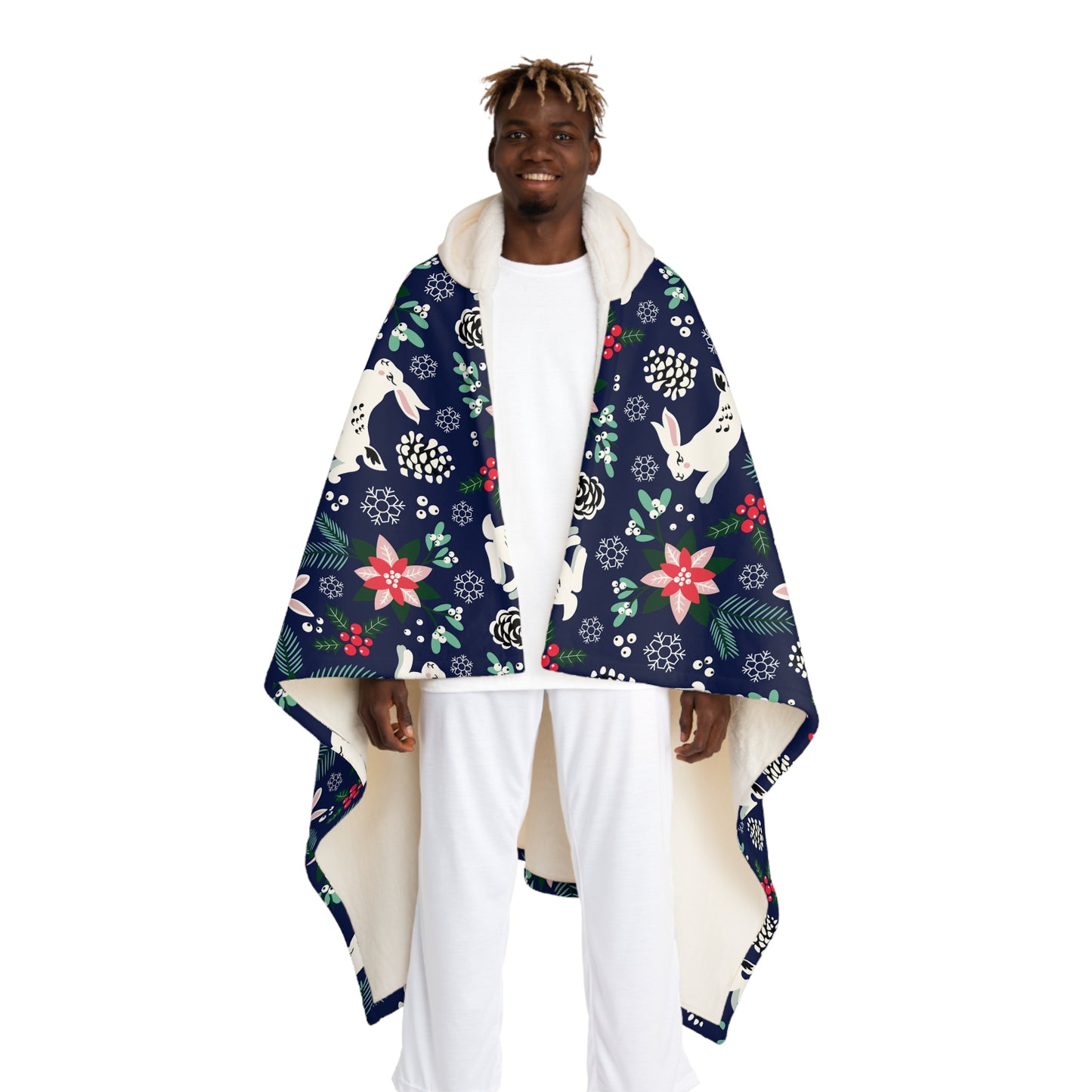 English Alt Text: "Metsäjanis - Polar Bunny Sherpa Super Soft Hooded Blanket - Cozy Warmth - Designed in Turku, Finland by Print N Stuff." Finnish Alt Text: "Metsäjanis - Polar Bunny Sherpa-supertuutuinen Hupullinen Torkkupeitto - Kodikasta lämpöä - Suunniteltu Turussa, Suomessa Print N Stuffin toimesta