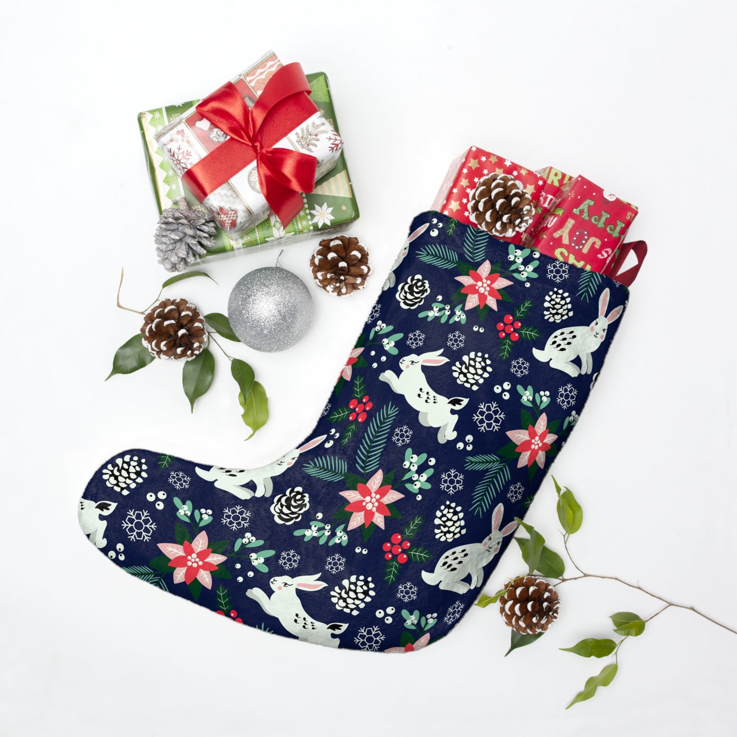 English Alt Text: "Metsäjanis - Polar Bunny Socks - Dance to the Rhythm of Winter - Designed in Turku, Finland by Print N Stuff." Finnish Alt Text: "Metsäjanis - Polar Bunny Sukat - Tanssi talven tahdissa - Suunniteltu Turussa, Suomessa Print N Stuffin toimesta."