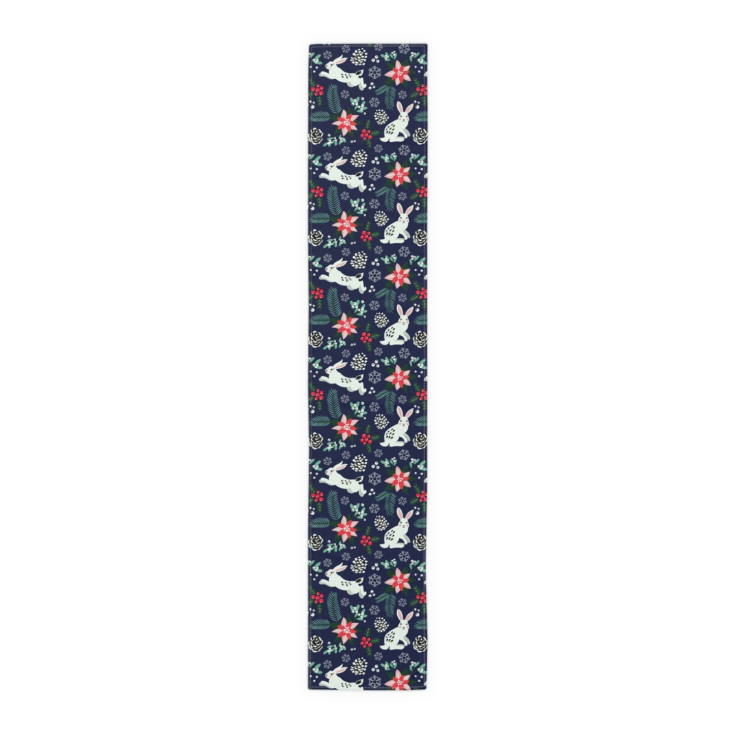 English Alt Text: "Metsäjanis - Polar Bunny Table Runner - Enchanting Dining - Designed in Turku, Finland by Print N Stuff." Finnish Alt Text: "Metsäjanis - Polar Bunny Pöytäliina - Lumoava ruokailu - Suunniteltu Turussa, Suomessa Print N Stuffin toimesta.