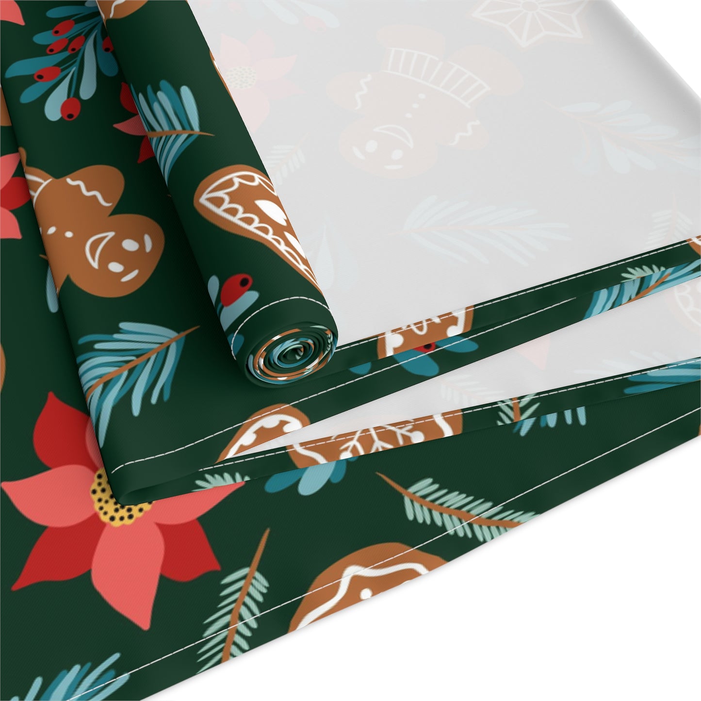 English Alt Text: "Fantasiapiparit / Gingerbread Fantasy Table Runner - Charming Table Decor - Designed in Turku, Finland by Print N Stuff." Finnish Alt Text: "Fantasiapiparit / Gingerbread Fantasy Pöytäliina - Viehättävä pöytäkoriste - Suunniteltu Turussa, Suomessa Print N Stuffin toimesta.