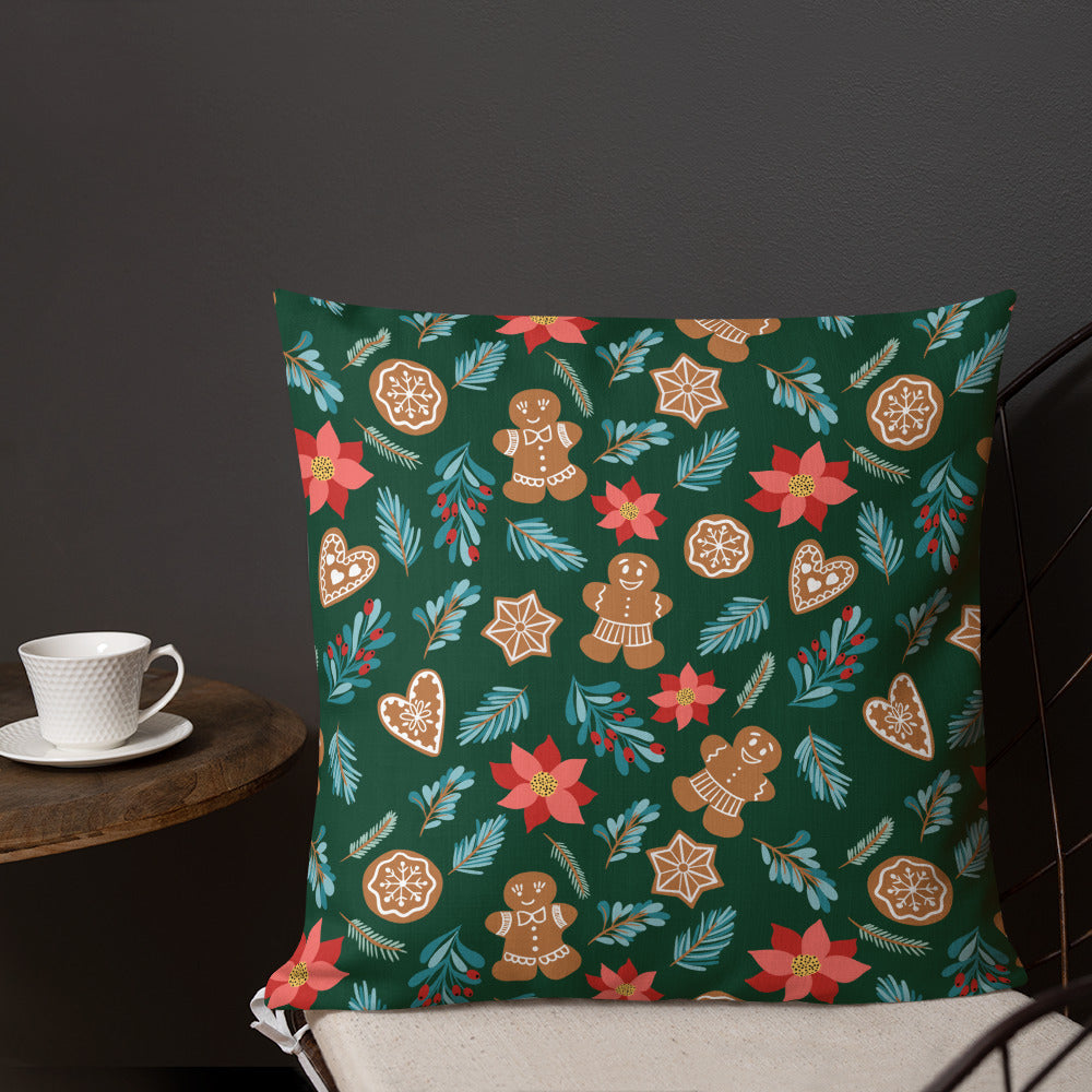 English Alt Text: "Fantasiapiparit / Gingerbread Fantasy Premium Pillow - Dream of Sweet Christmas Nights - Designed in Turku, Finland by Print N Stuff." Finnish Alt Text: "Fantasiapiparit / Gingerbread Fantasy Premium-tyyny - Unelmoi makeista jouluöistä - Suunniteltu Turussa, Suomessa Print N Stuffin toimesta.