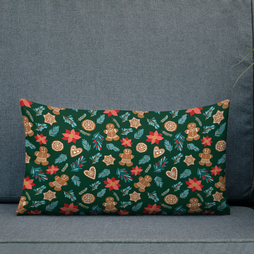 English Alt Text: "Fantasiapiparit / Gingerbread Fantasy Premium Pillow - Dream of Sweet Christmas Nights - Designed in Turku, Finland by Print N Stuff." Finnish Alt Text: "Fantasiapiparit / Gingerbread Fantasy Premium-tyyny - Unelmoi makeista jouluöistä - Suunniteltu Turussa, Suomessa Print N Stuffin toimesta.
