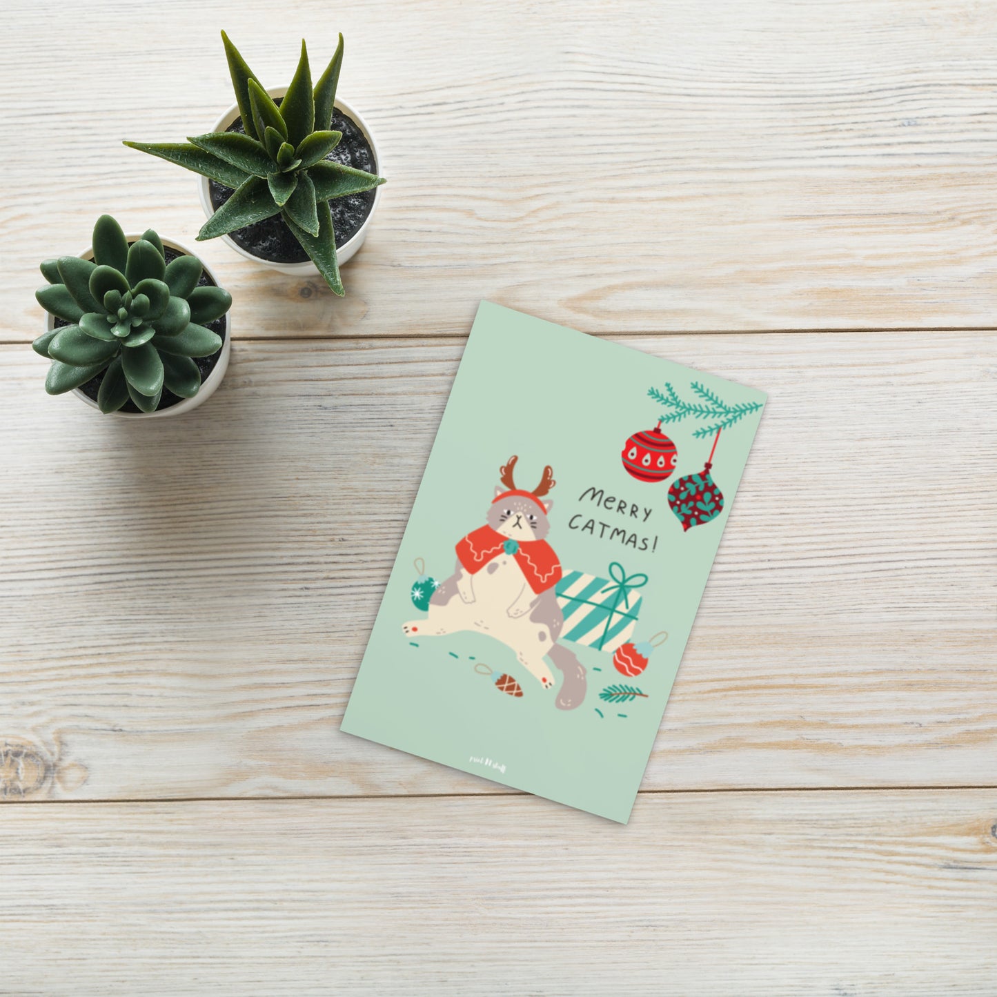 Meowy Christmas - Postcard Green