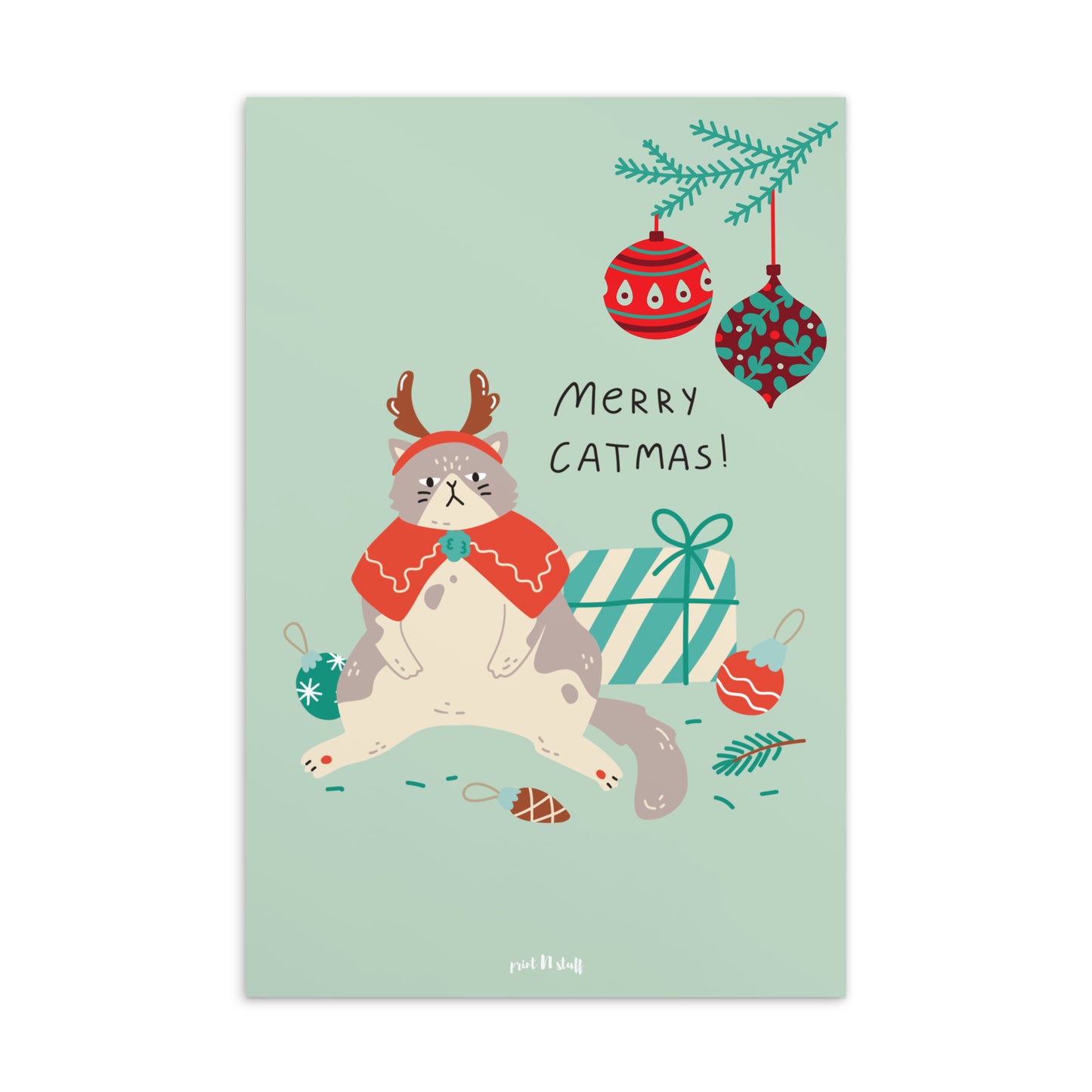 Meowy Christmas - Postcard Green