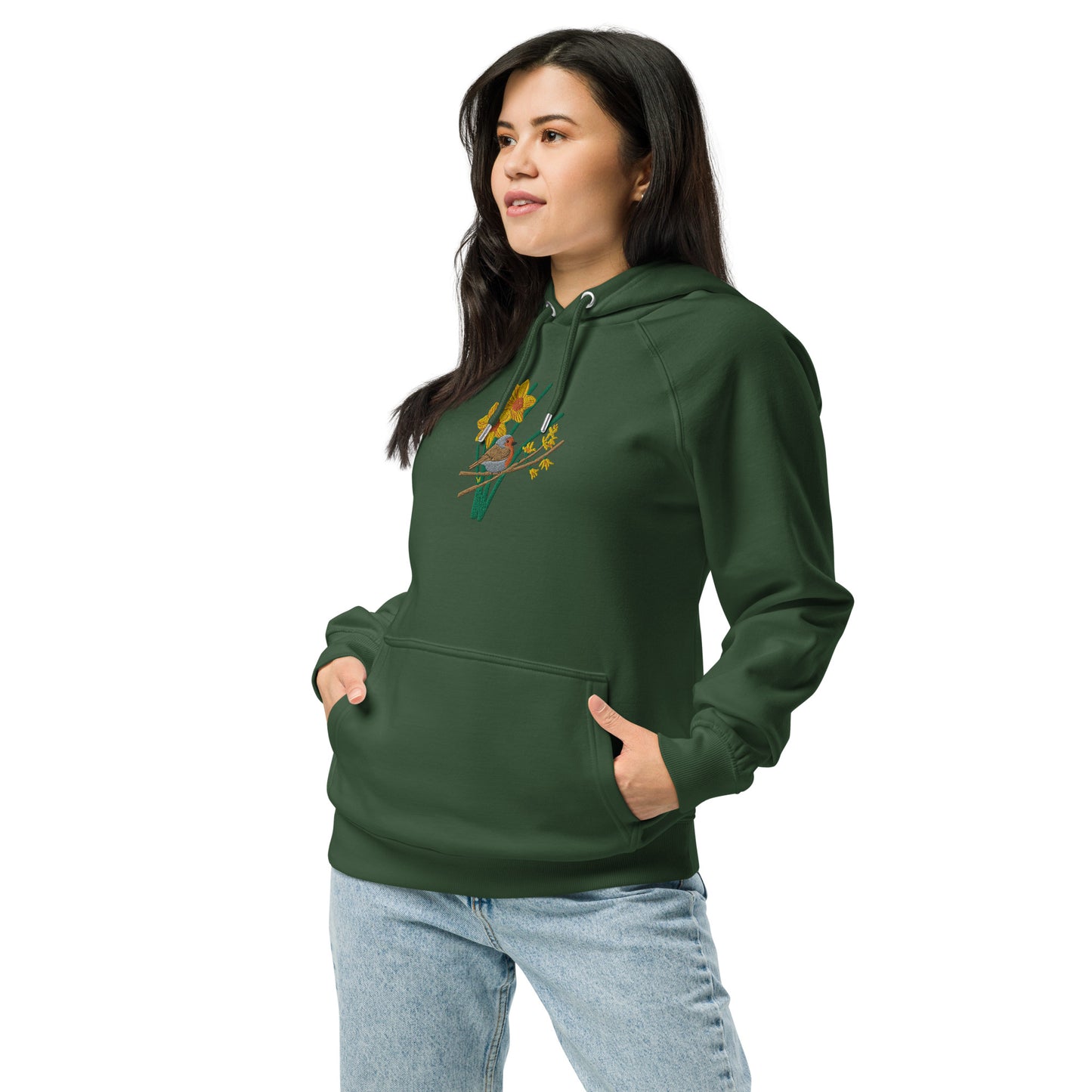 Robin and Daffodils Unisex eco raglan hoodie