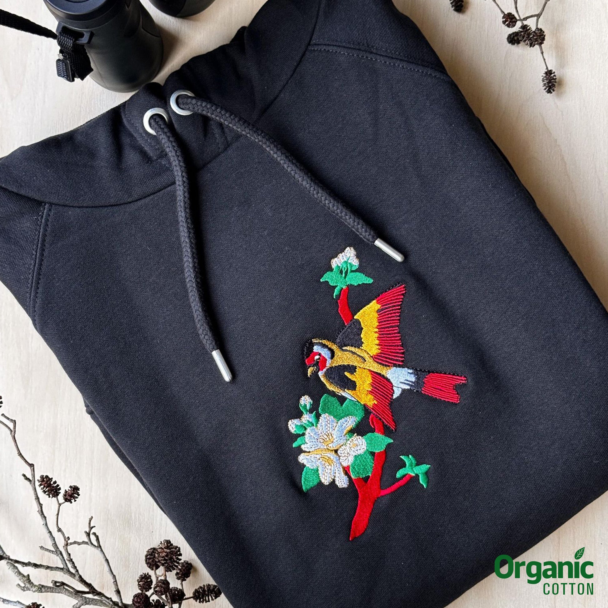 Print N Stuff / gold finch embroidered hoodie  organic cotton / tikli huppari turku finland