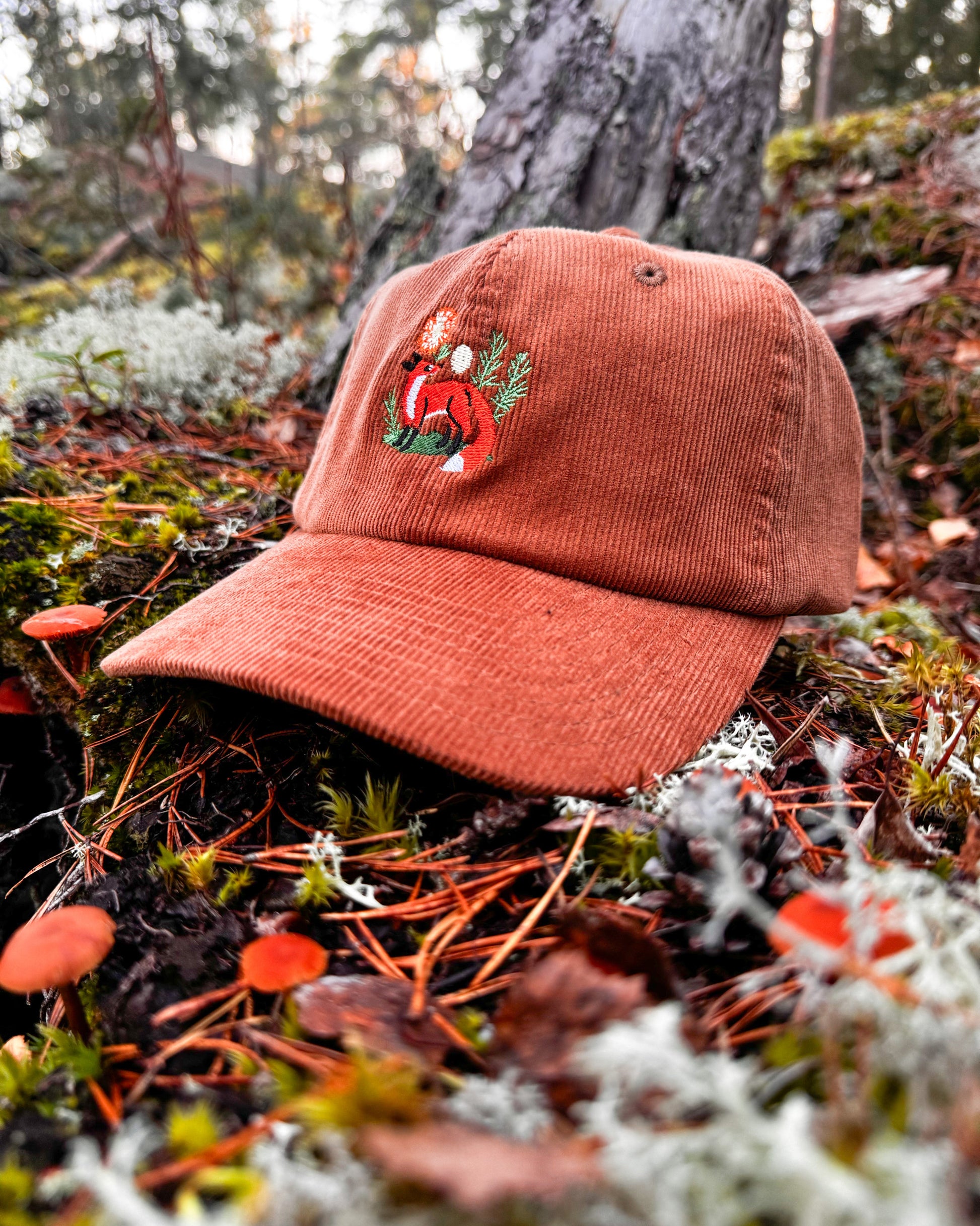 A fox under the harvest moon print n stuff soft velvet striped mustard brown embroidered cap Perfect for autumn. Design in turku finland