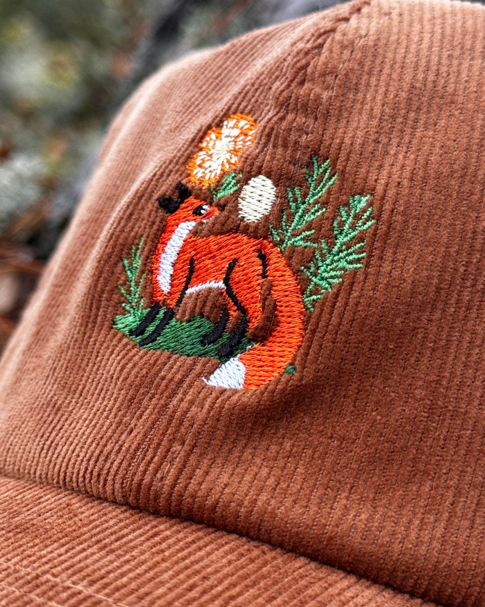 A fox under the harvest moon print n stuff soft velvet striped mustard brown cap Perfect for autumn. Design in turku finland corduroy hat