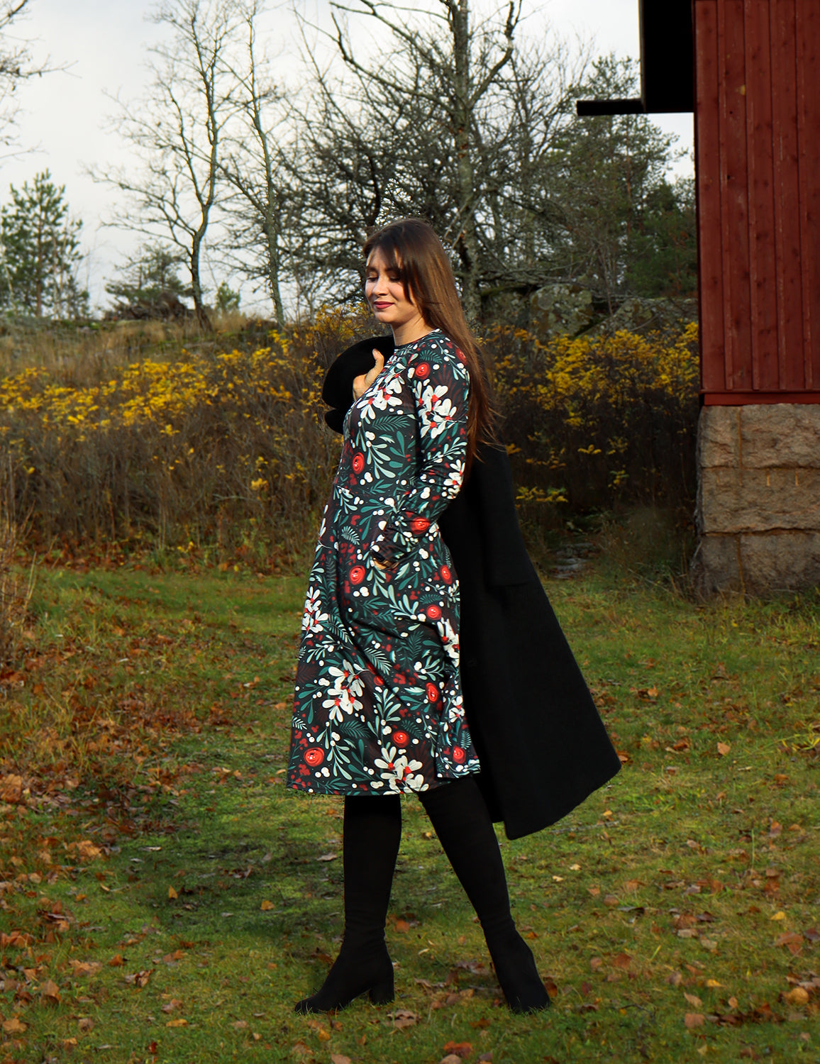 Print N Stuff Festive vibes - All-over print long sleeve midi dress Turku Finland pitkahihainen mekko tasku