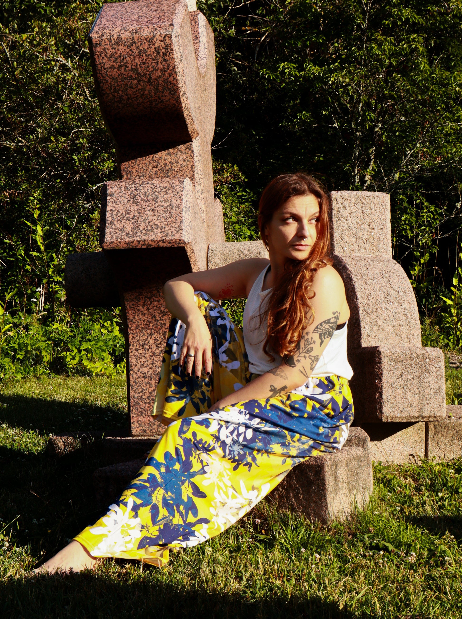 Summer Days palazzo wide leg pants designed by Print N Stuff in Turku Finland / yellow and blue floral summer pants casual style