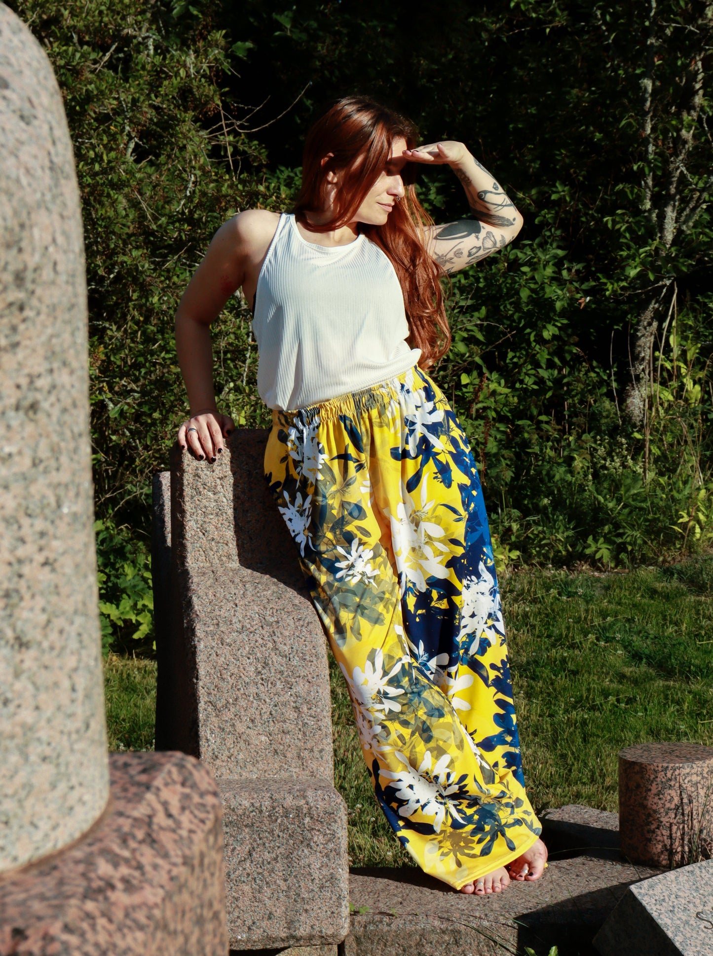 Summer Days palazzo wide leg pants designed by Print N Stuff in Turku Finland / yellow and blue floral summer pants casual style