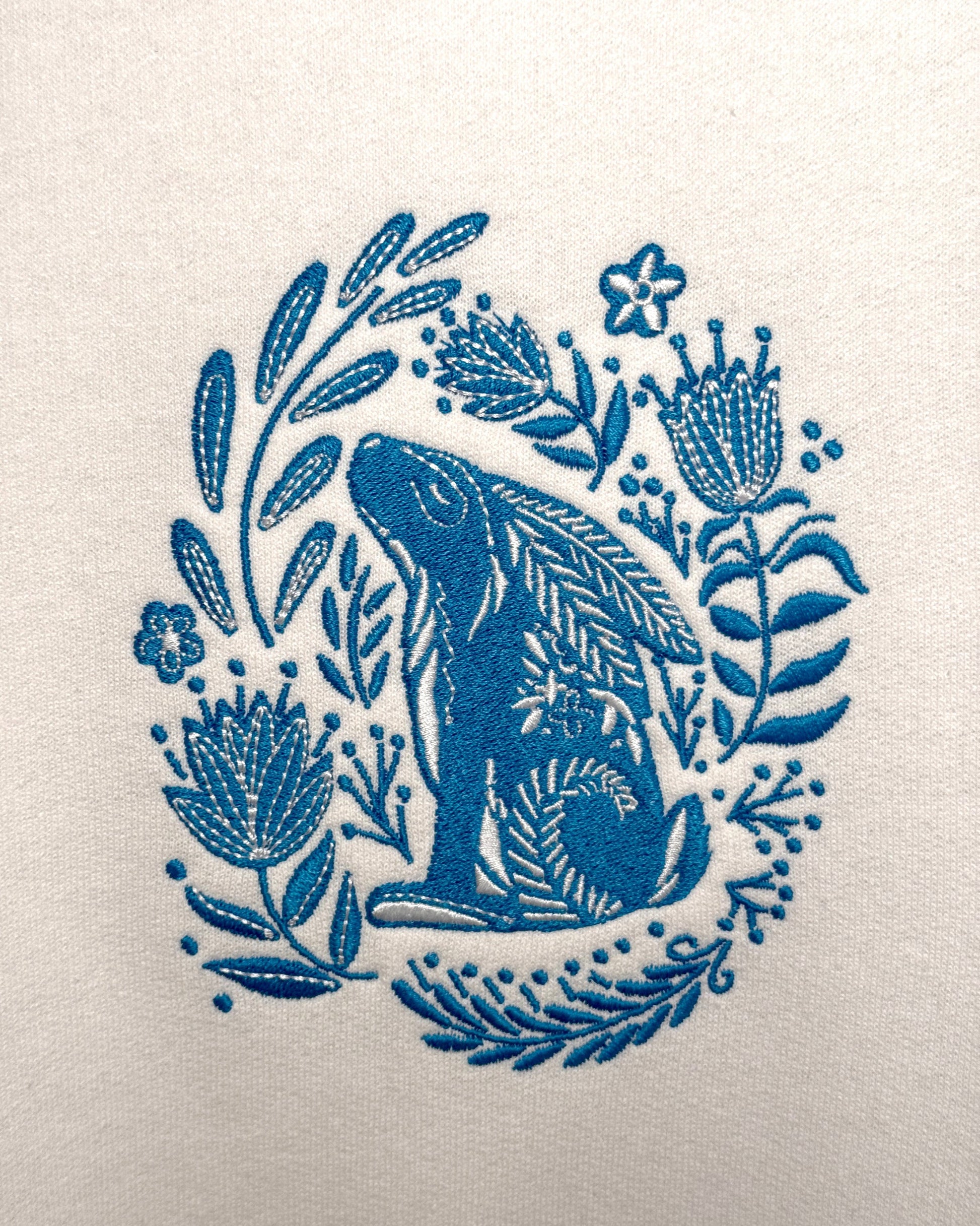 Print_N_Stuff_The_Bunny_Embroidered_collageshirt close up designed in Turku Finland