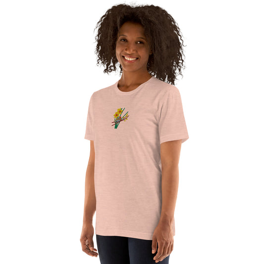 Robin and Daffodills Print N Stuff organic cotton sweatshirt collage shirt Turku Finland embroidery broderoitu punarinta paita 