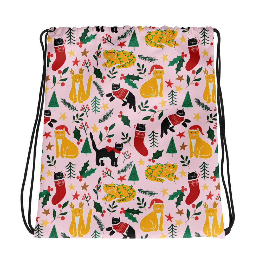 Drawstring bag - Joulukissat / Christmas Cats - Drawstring Bags- Print N Stuff - [designed in Turku Finland]