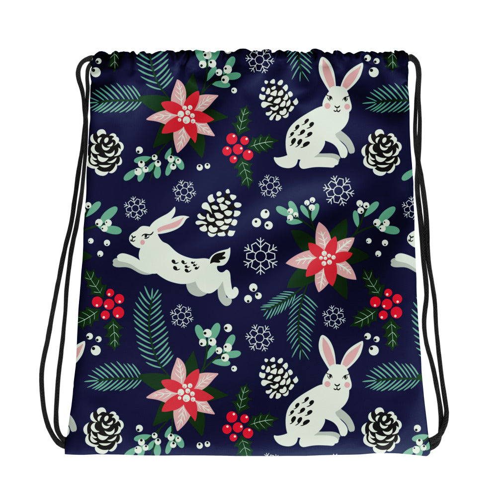 English Alt Text: "Metsäjanis - Polar Bunny Drawstring Bag - Wintery Vibes on the Go - Designed in Turku, Finland by Print N Stuff." Finnish Alt Text: "Metsäjanis - Polar Bunny Nyörikassi - Talvisia tunnelmia mukanasi - Suunniteltu Turussa, Suomessa Print N Stuffin toimesta.