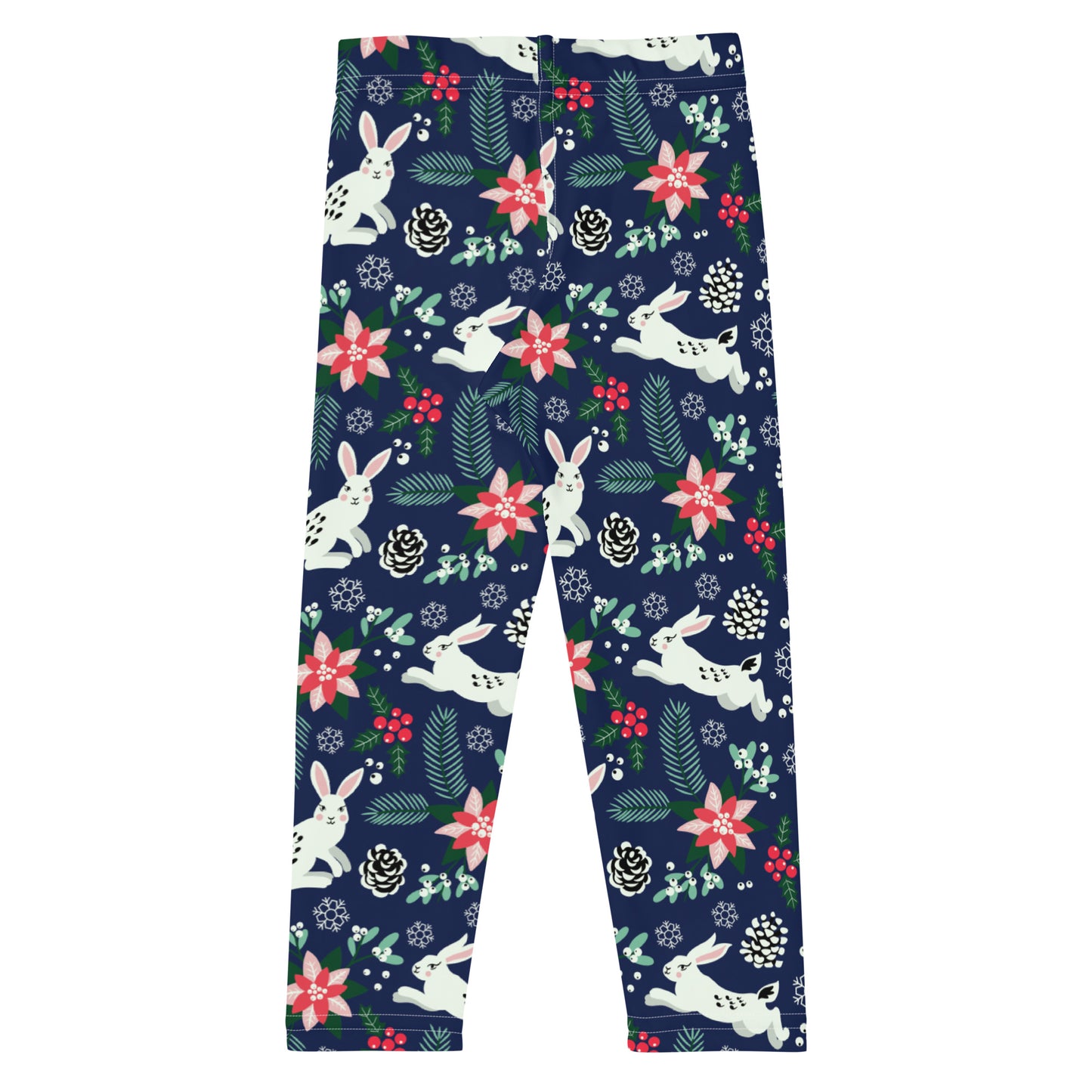 English Alt Text: "Metsäjanis - Polar Bunny Kids' Leggings - Adventure-Ready - Designed in Turku, Finland by Print N Stuff." Finnish Alt Text: "Metsäjanis - Polar Bunny Lasten Leggingseissä - Seikkailuun valmis - Suunniteltu Turussa, Suomessa Print N Stuffin toimesta."