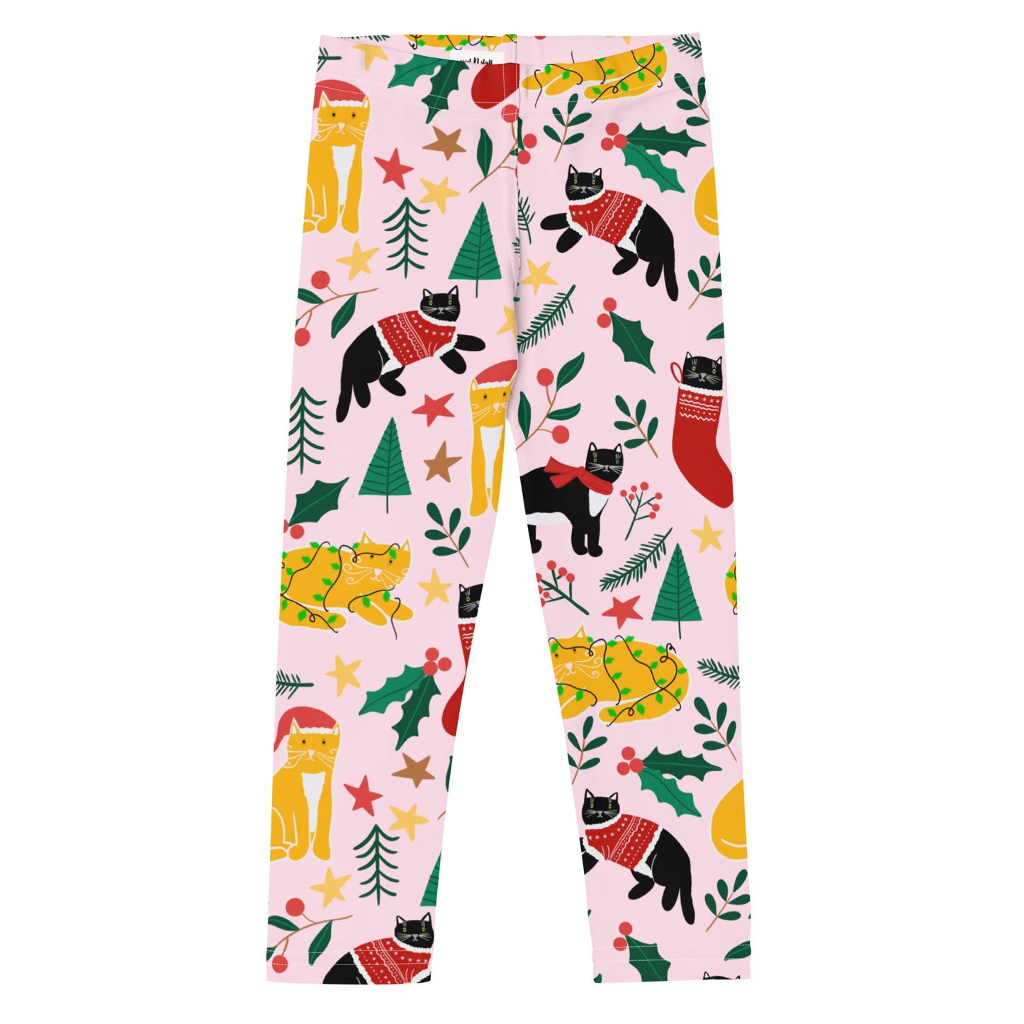 English Alt Text: "Joulukissat Children's Leggings - Join Fifi and Arne the Cats on a Christmas Adventure! - Designed in Turku, Finland by Print N Stuff." Finnish Alt Text: "Joulukissat Lasten Leggingsejä - Liity Fifi- ja Arne-kissojen joukkoon jouluseikkailuun! - Suunniteltu Turussa, Suomessa Print N Stuffin toimesta."