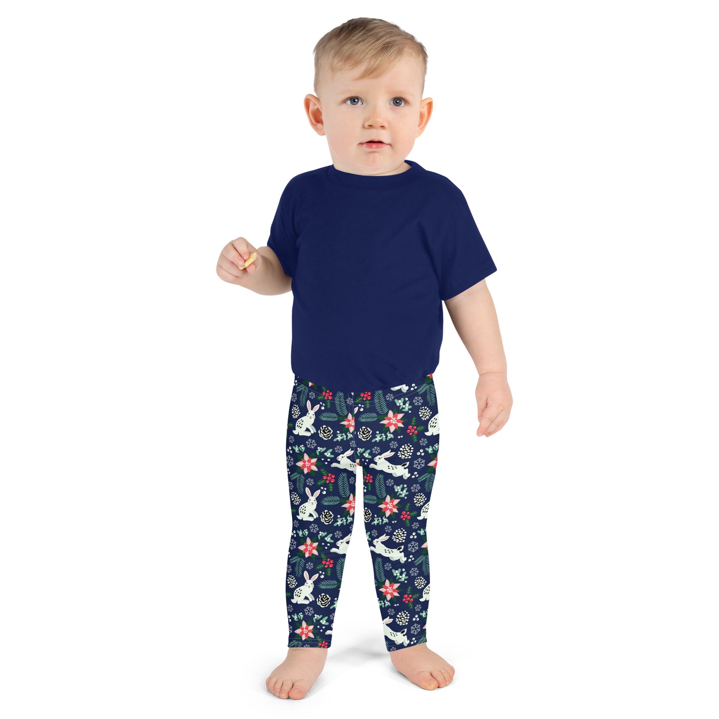 English Alt Text: "Metsäjanis - Polar Bunny Kids' Leggings - Adventure-Ready - Designed in Turku, Finland by Print N Stuff." Finnish Alt Text: "Metsäjanis - Polar Bunny Lasten Leggingseissä - Seikkailuun valmis - Suunniteltu Turussa, Suomessa Print N Stuffin toimesta."