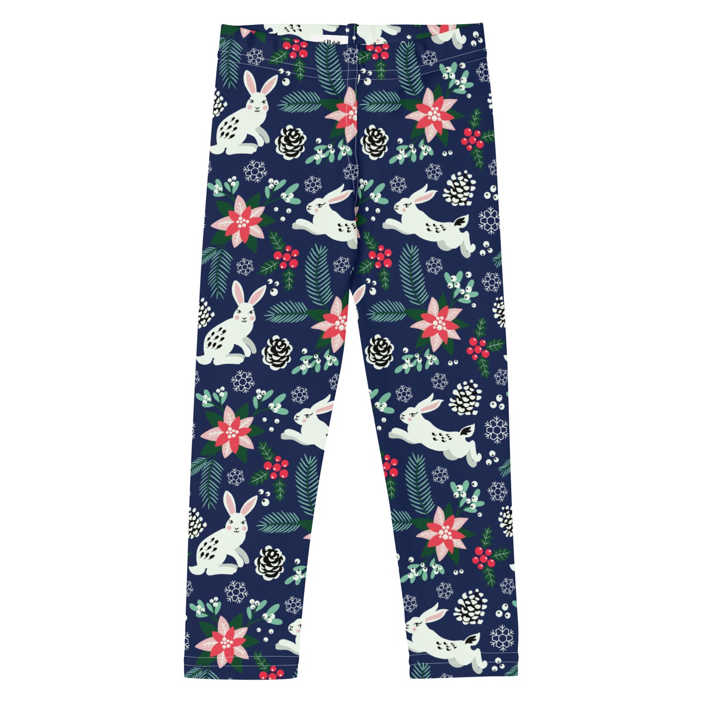 English Alt Text: "Metsäjanis - Polar Bunny Kids' Leggings - Adventure-Ready - Designed in Turku, Finland by Print N Stuff." Finnish Alt Text: "Metsäjanis - Polar Bunny Lasten Leggingseissä - Seikkailuun valmis - Suunniteltu Turussa, Suomessa Print N Stuffin toimesta."