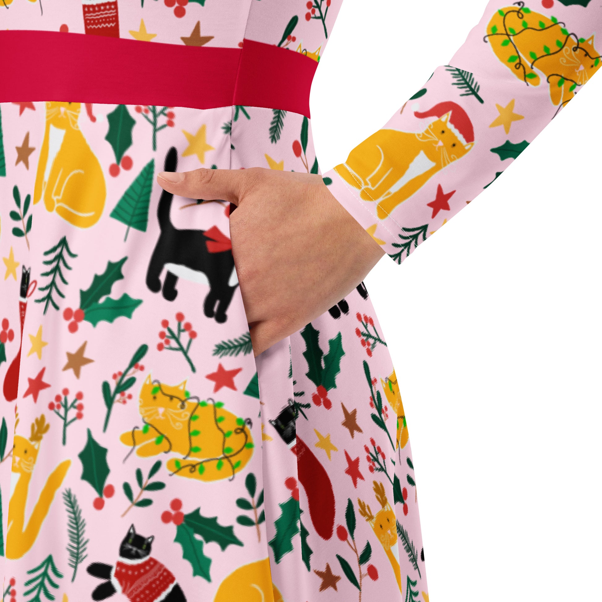 English Alt Text: "Joulukissat Long Sleeve Dress with Pockets - Finnish Cat Pattern - Designed in Turku, Finland by Print N Stuff." Finnish Alt Text: "Joulukissat Pitkähihainen Mekko taskuilla - Suomalainen kissakuosi - Suunniteltu Turussa, Suomessa Print N Stuffin toimesta."