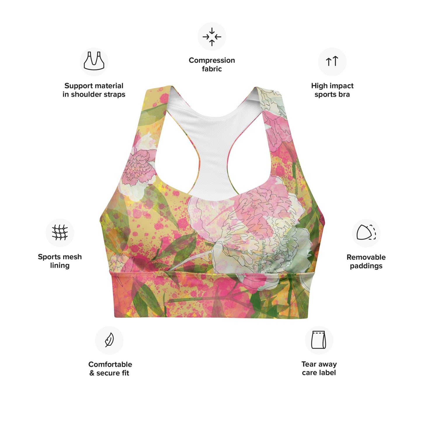 Peonies - Longline sports bra - - Print N Stuff - [designed in Turku Finland]