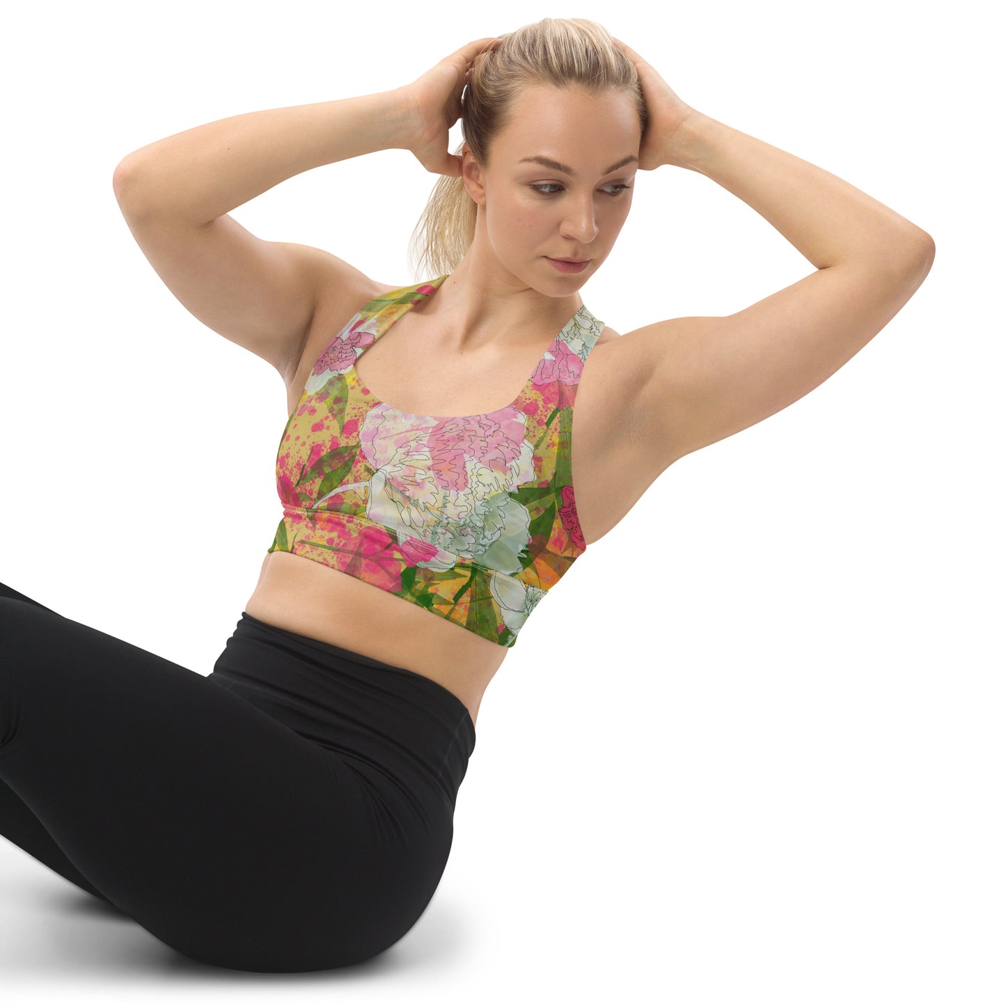 Peonies - Longline sports bra - - Print N Stuff - [designed in Turku Finland]