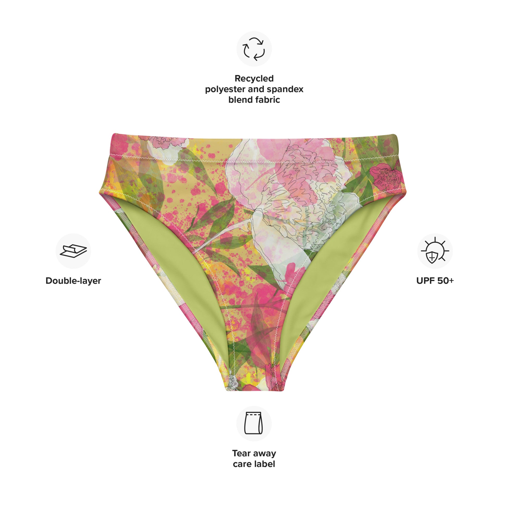 Peonies - Recycled polyester high-waisted bikini bottom - Swimwear- Print N Stuff - [designed in Turku Finland]