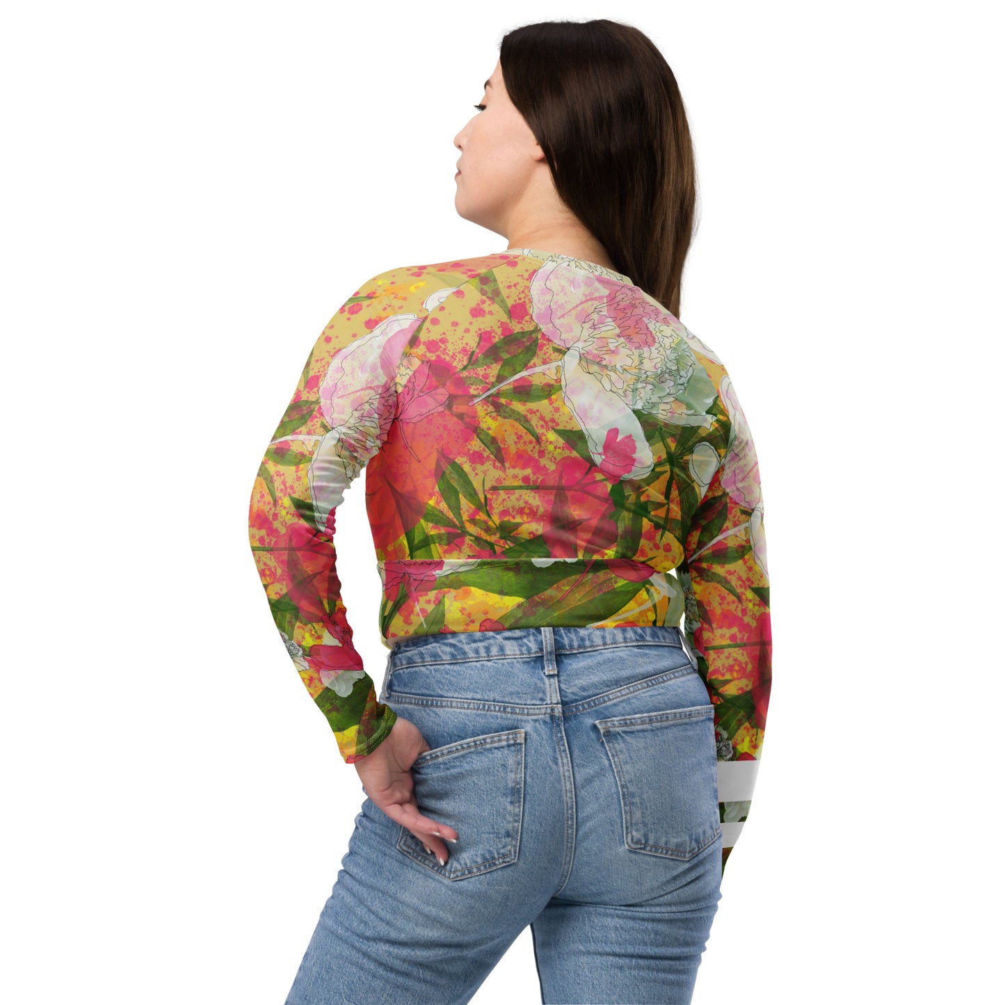 Peonies - Recycled polyester long-sleeve crop top - Long Sleeve- Print N Stuff - [designed in Turku Finland]