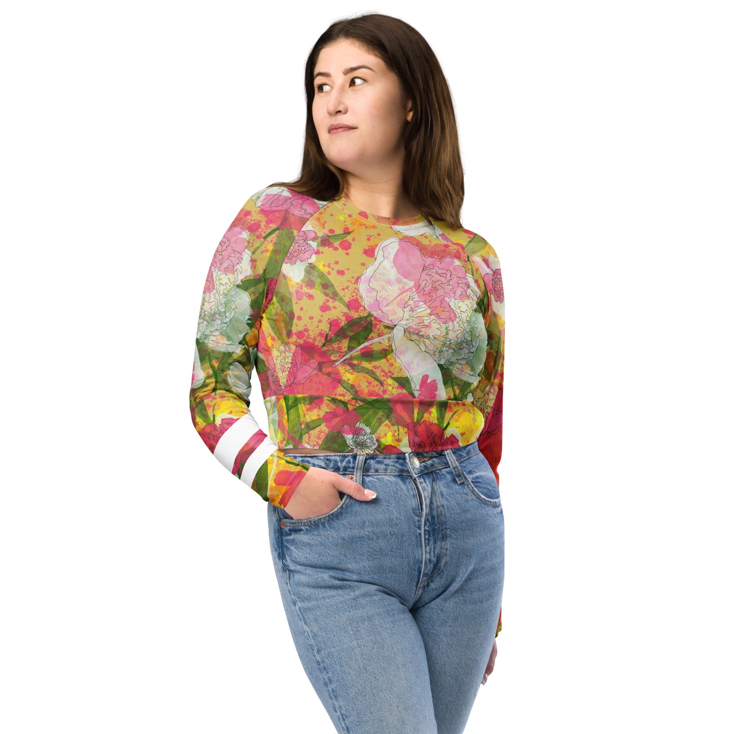 Peonies - Recycled polyester long-sleeve crop top - Long Sleeve- Print N Stuff - [designed in Turku Finland]