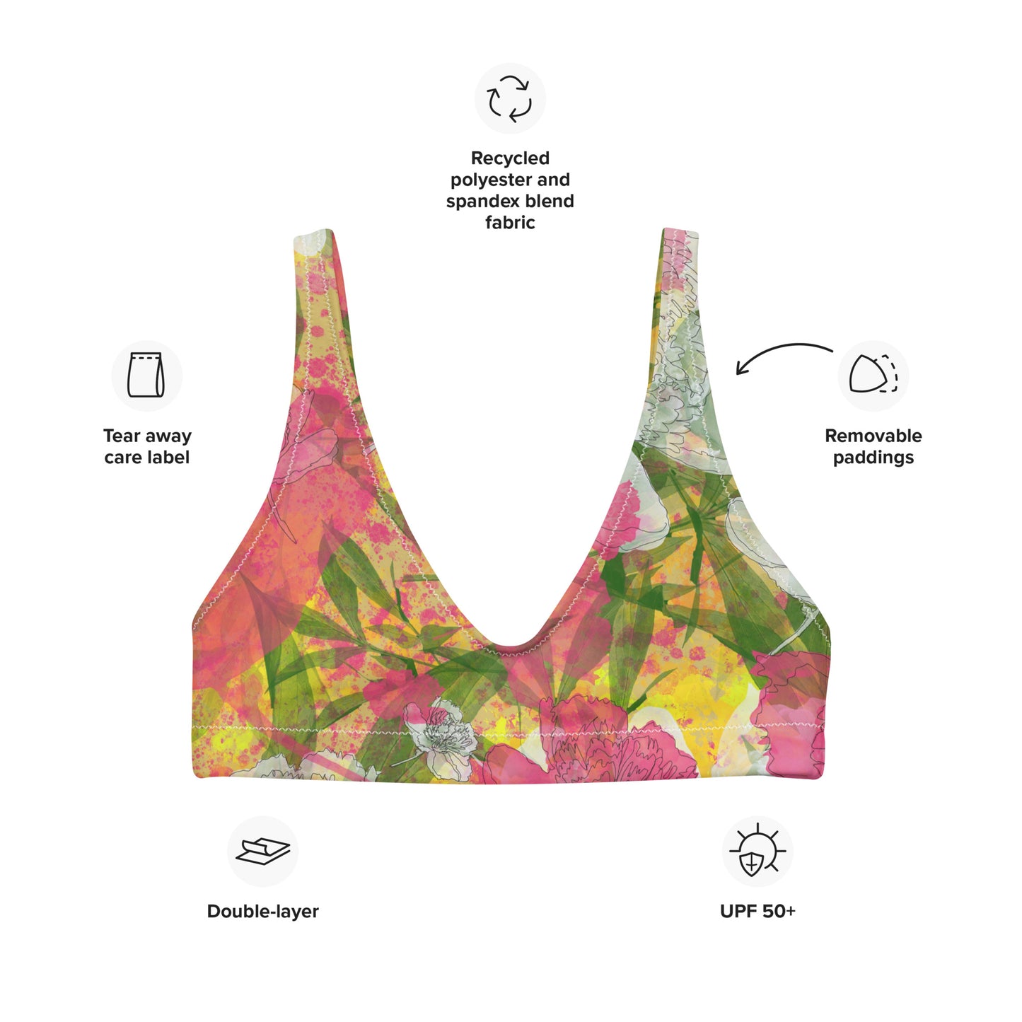 Peonies - Recycled polyester padded bikini bra - Swimwear- Print N Stuff - [designed in Turku Finland]